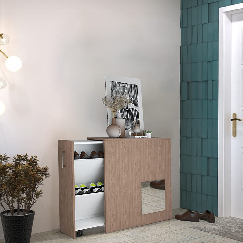 Modern Freestanding Wooden Shoe Storage Cabinet with Mirror