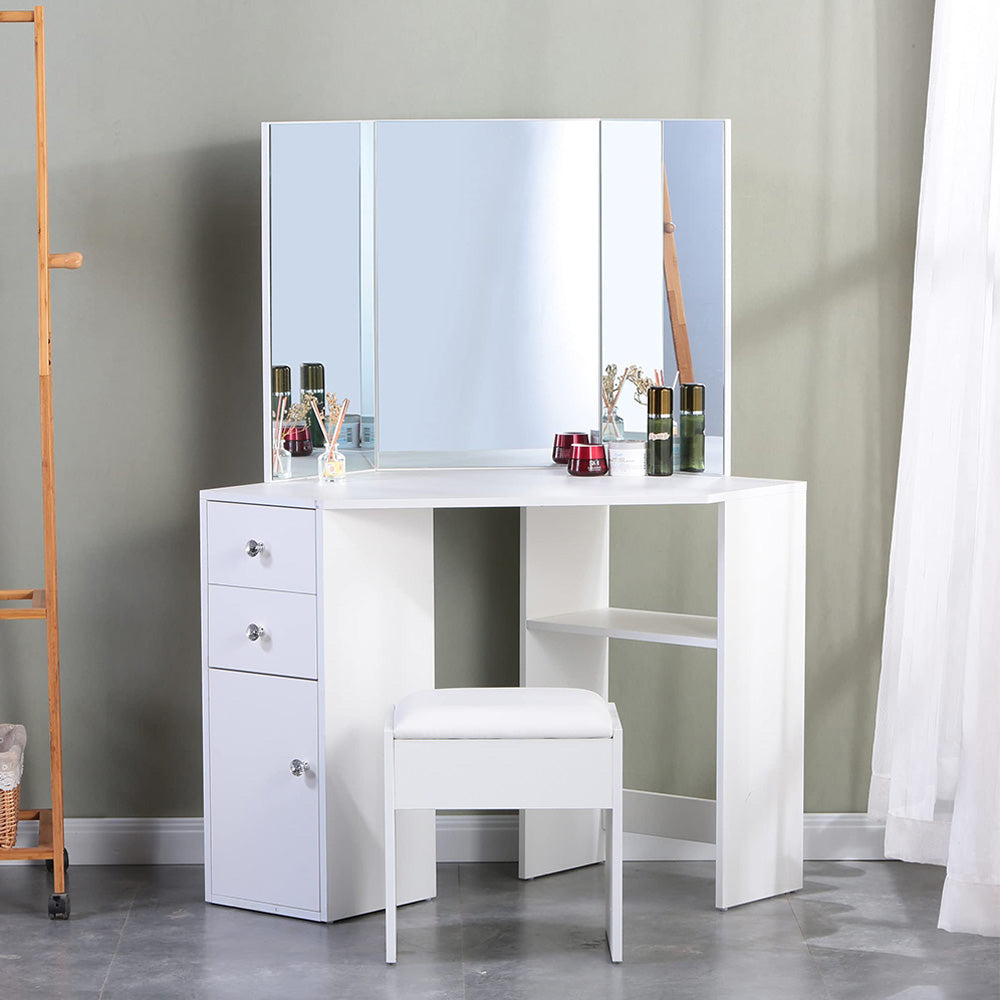 Corner Makeup Vanity with Cushioned Stool and 2 Drawers