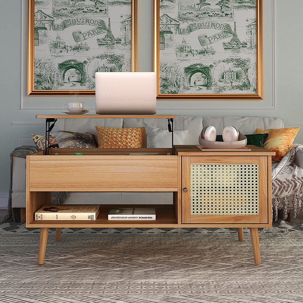 Rattan Lift Top Coffee Table with Adjustable Storage Shelf and Storage