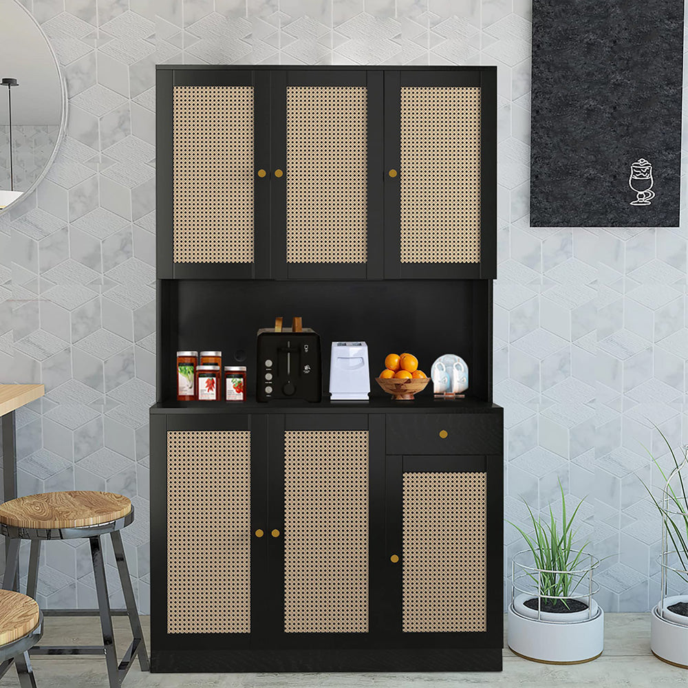 Rattan Kitchen Pantry Storage Cabinet with 6 Doors and Drawer