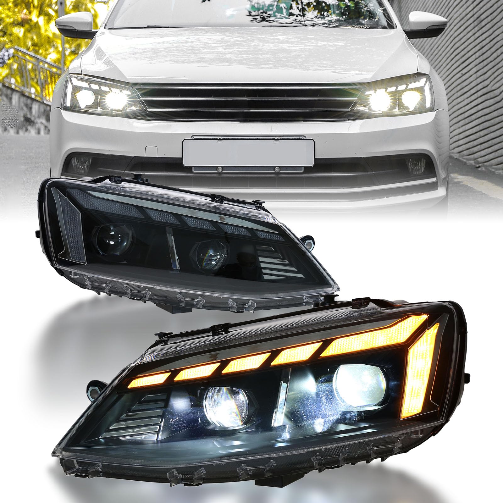 COOLDNA LED Headlight Assembly for 2012-2018 VW Volkswagen Jetta MK6 With Startup Animation Sequential Turn Signal