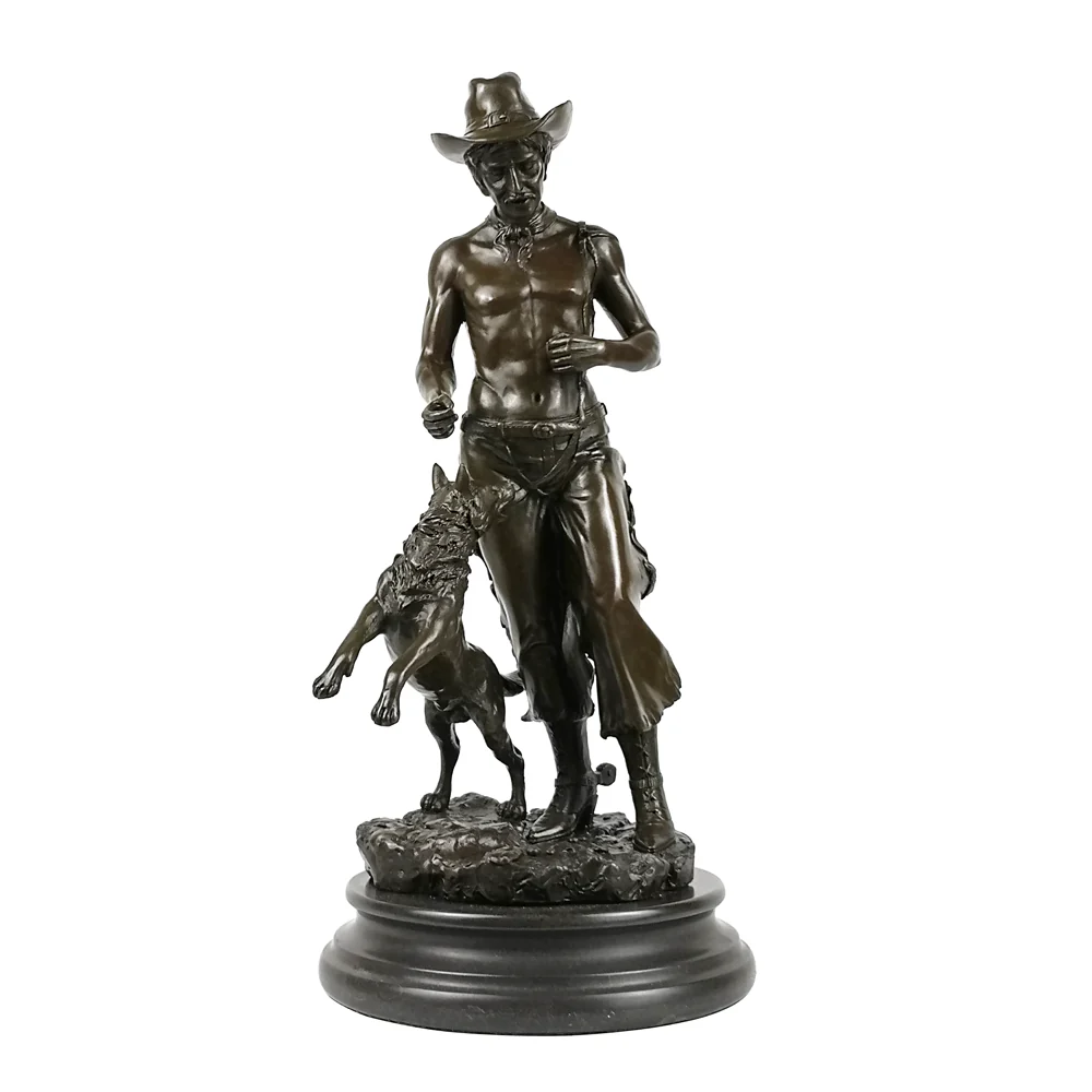 Western Cowboy and Dog Statue –15.5” H Sculpture on Marble Base - Hot Cast Real Bronze - lover of Western culture - Elegant Art Decor