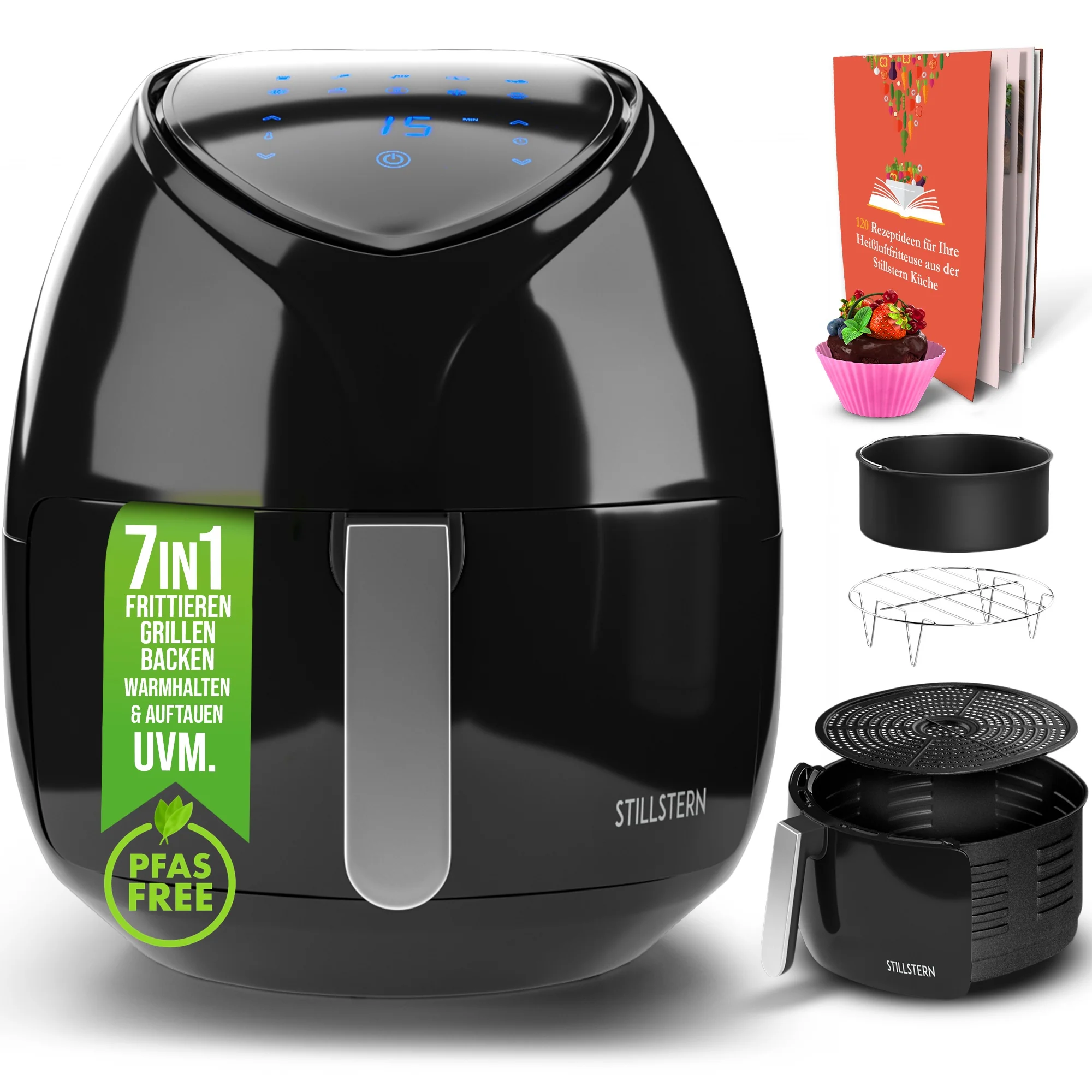 Stillstern Heißluftfritteuse 6,5L mit LED-Touchscreen, 120 Rezepte [Deutsch], 10 Programme, Timer [120Min], Auftauen&Warmhalten, Shake-Funktion, 1800W Air Fryer XXL Friteuse Heissluftfritteuse ohne Öl