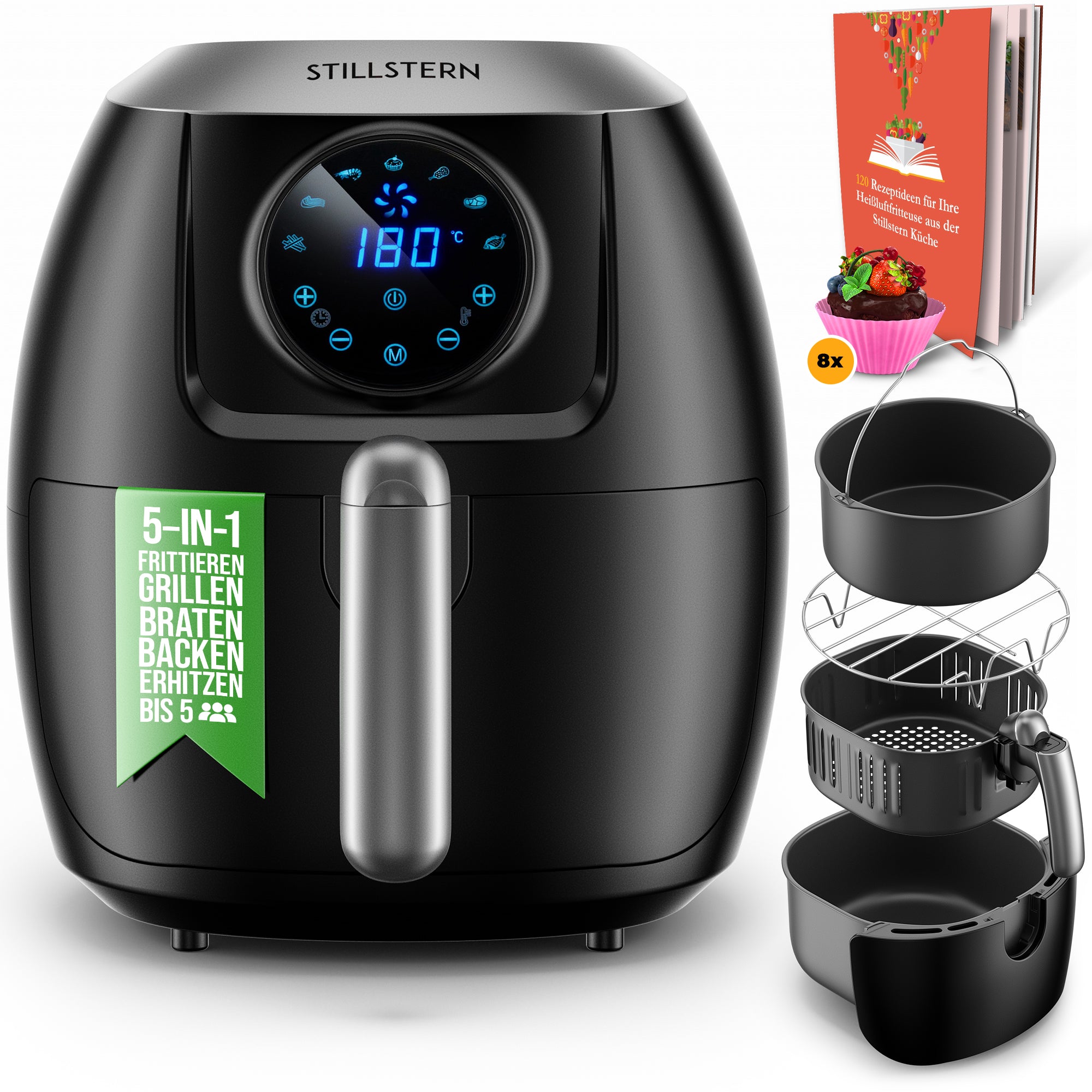 Stillstern Heißluftfritteuse 5L mit LED-Touchscreen, Timer [120Min], 7 Kochprogrammen, 120 Rezepte auf Deutsch, Brotbackkorb, Shake-Funktion, 1800W, Air Fryer XXL Friteuse Heissluftfritteuse ohne Öl