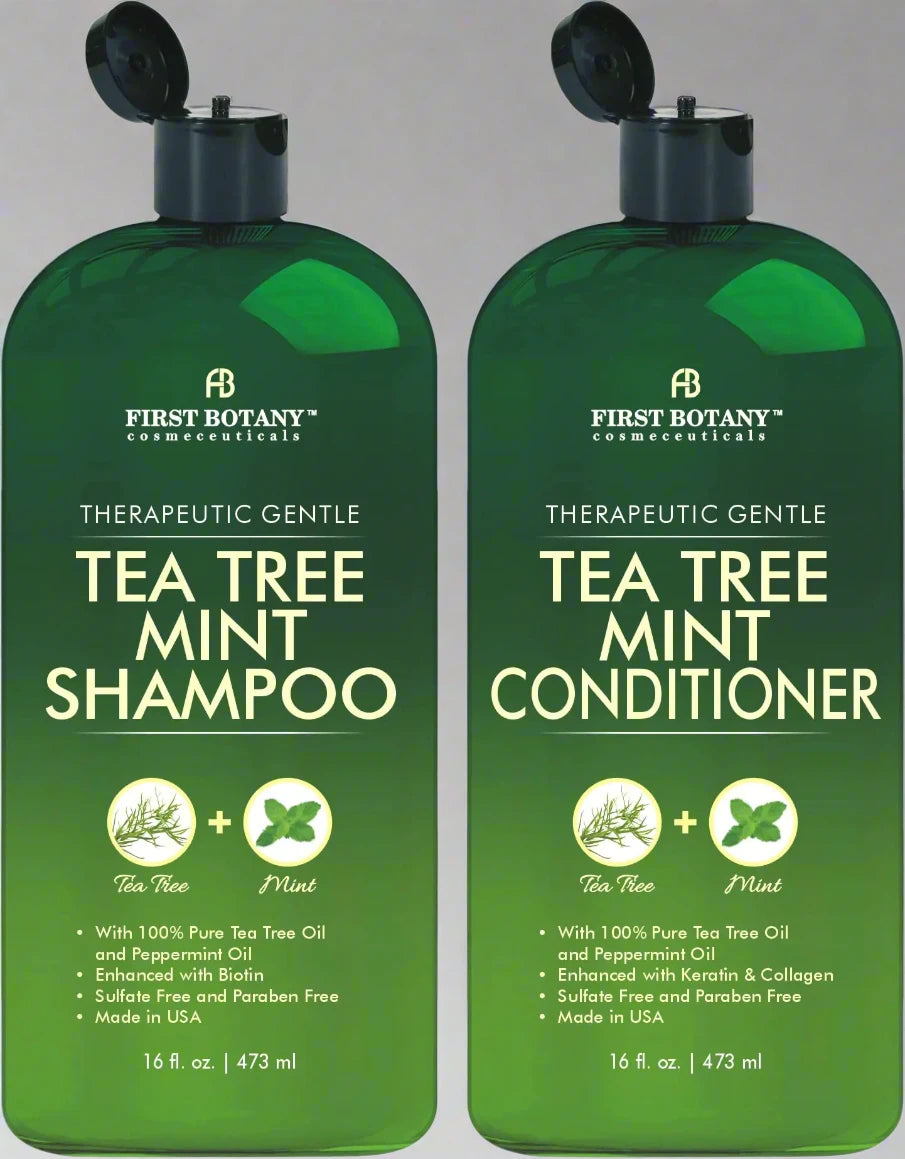 Mint Shampoo and Conditioner - Tea Tree and Peppermint Oils - Promotes Hair Growth, Fights Dandruff, Lice & Itchy Scalp - Sulfate-Free for Men and Women - 16 fl oz x 2