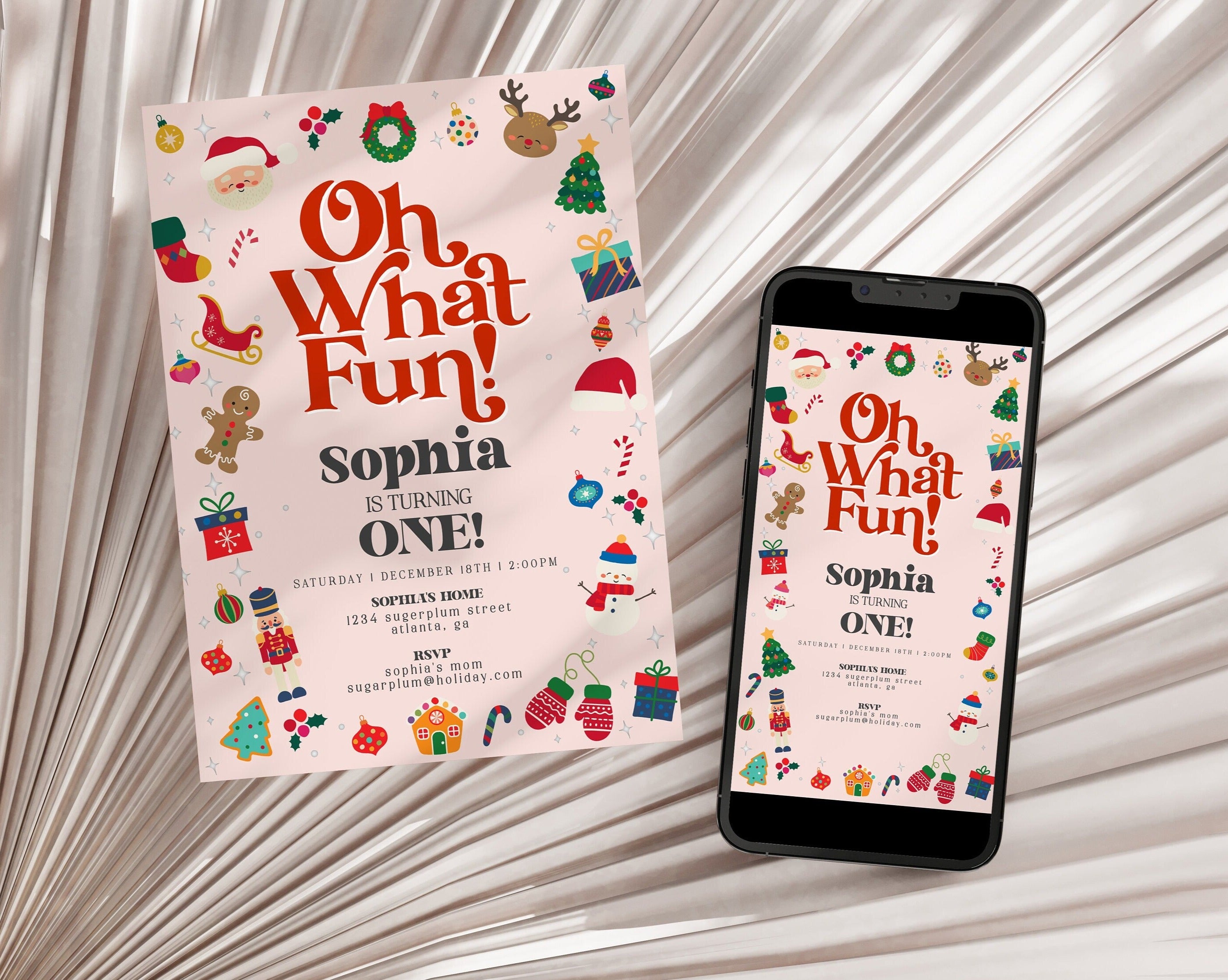 Pink Oh What Fun First Birthday Invitation Printable Template