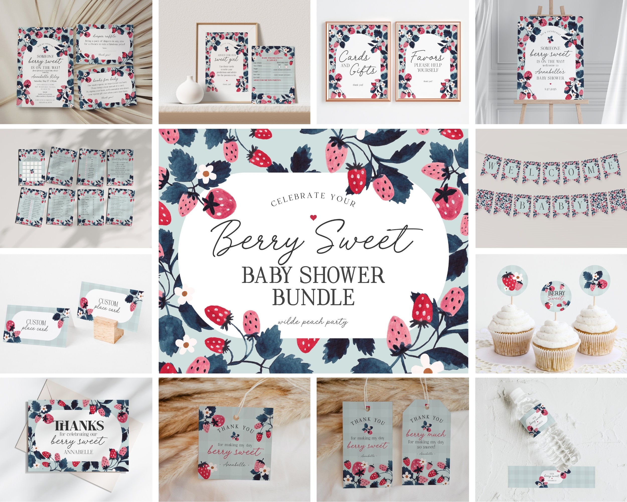 Mint Strawberry Baby Shower Bundle Printable Template