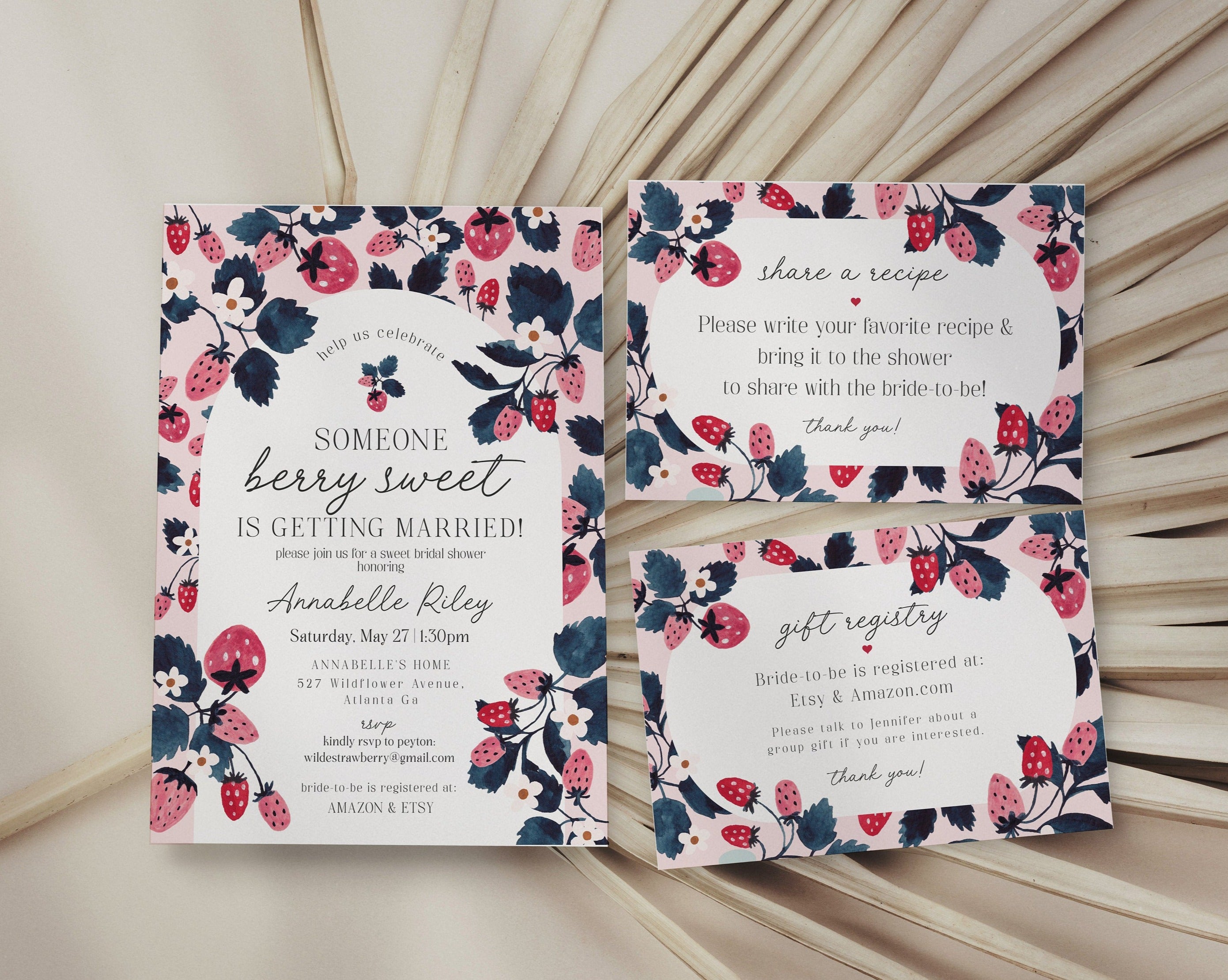 Pink Strawberry Bridal Shower Invitation Printable Template