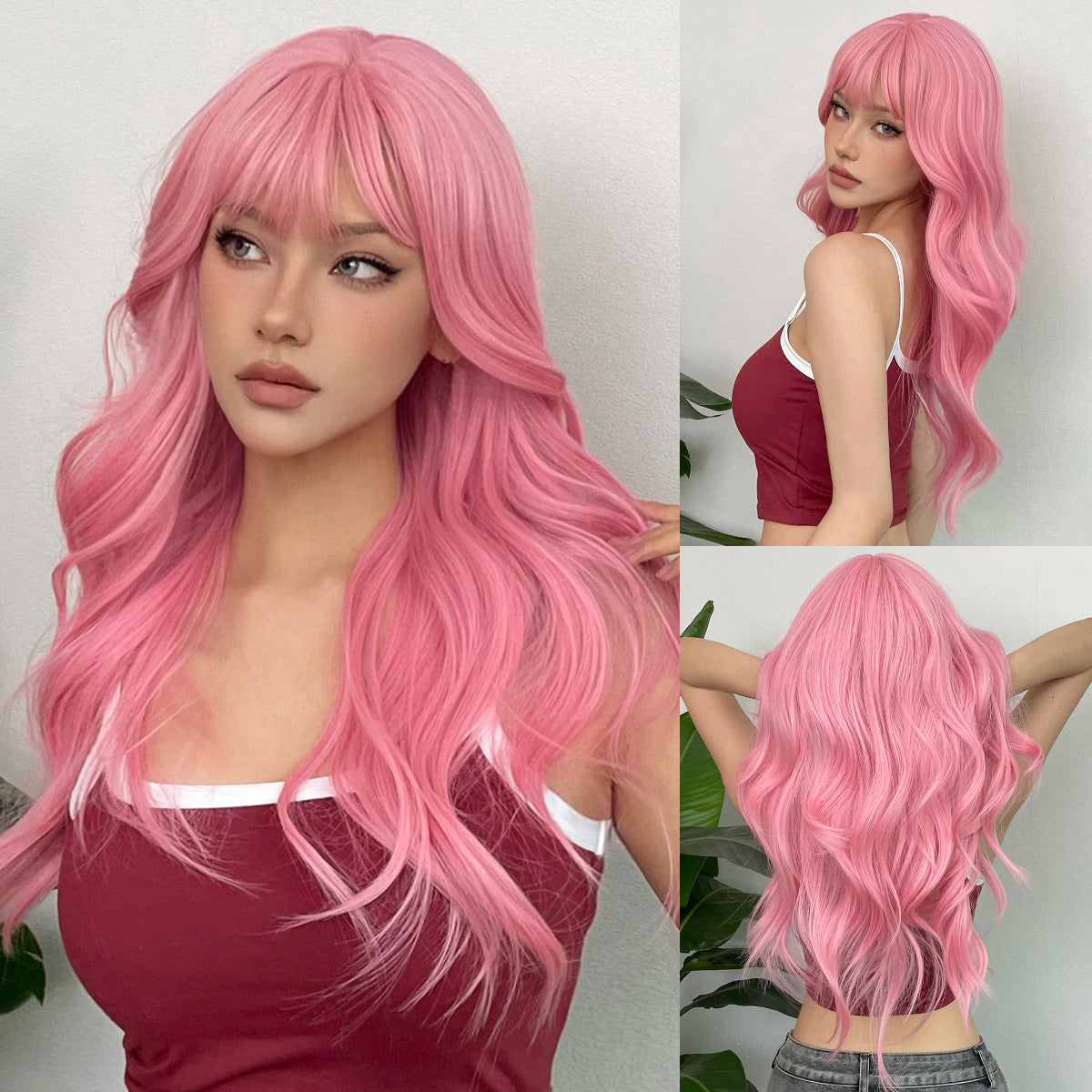 Pink Wig With Full Bangs 26 Inch Soft And Smooth Long Curly Hair