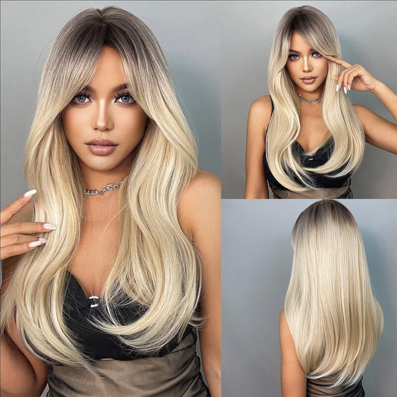 Upgrade Your Style: Straight Curvy Wig in Black Gradient Blonde for Effortless Beauty