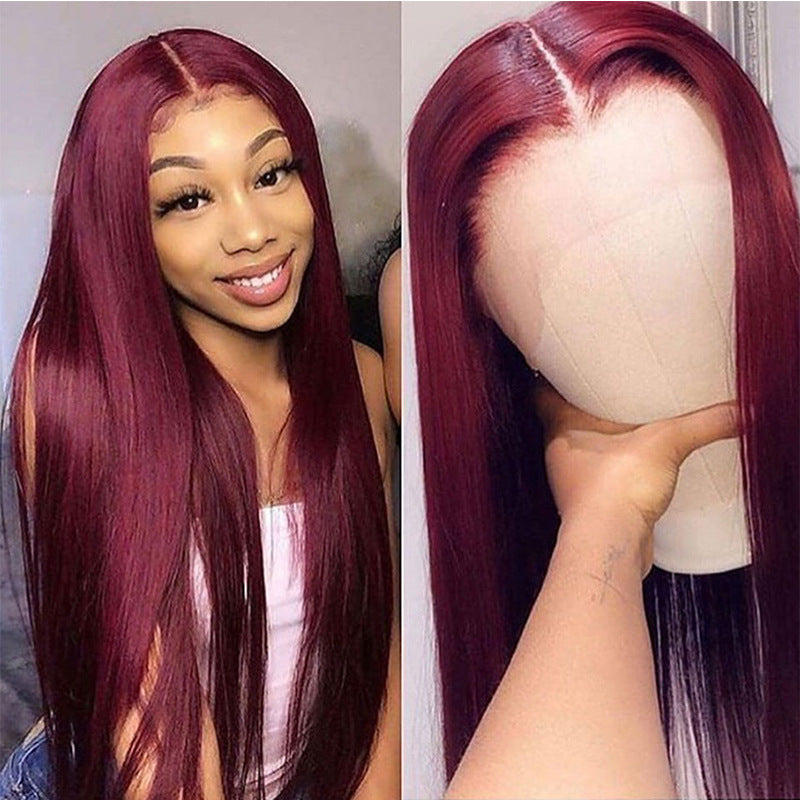 Burgundy Elegance: Full Headgear Long Straight Front Lace Wig with Silky Smooth Real Human Hair – Dye-Friendly Beauty for Any Skin Tone!