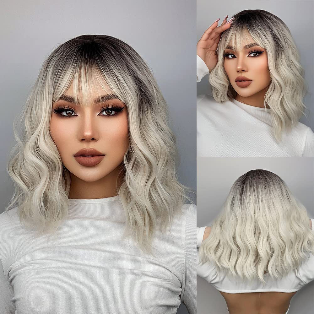 Ethnic Style Platinum Ombre Blonde Wig with Oblique Bang - High Temperature synthetic wig