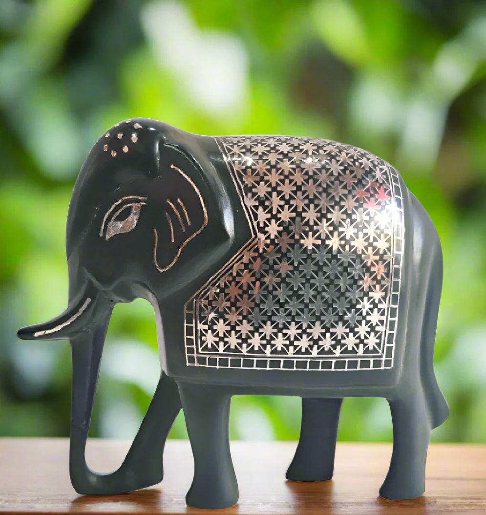 Bidri Elephant Figurine with Star Work: Handcrafted Indian Art | Home Decor