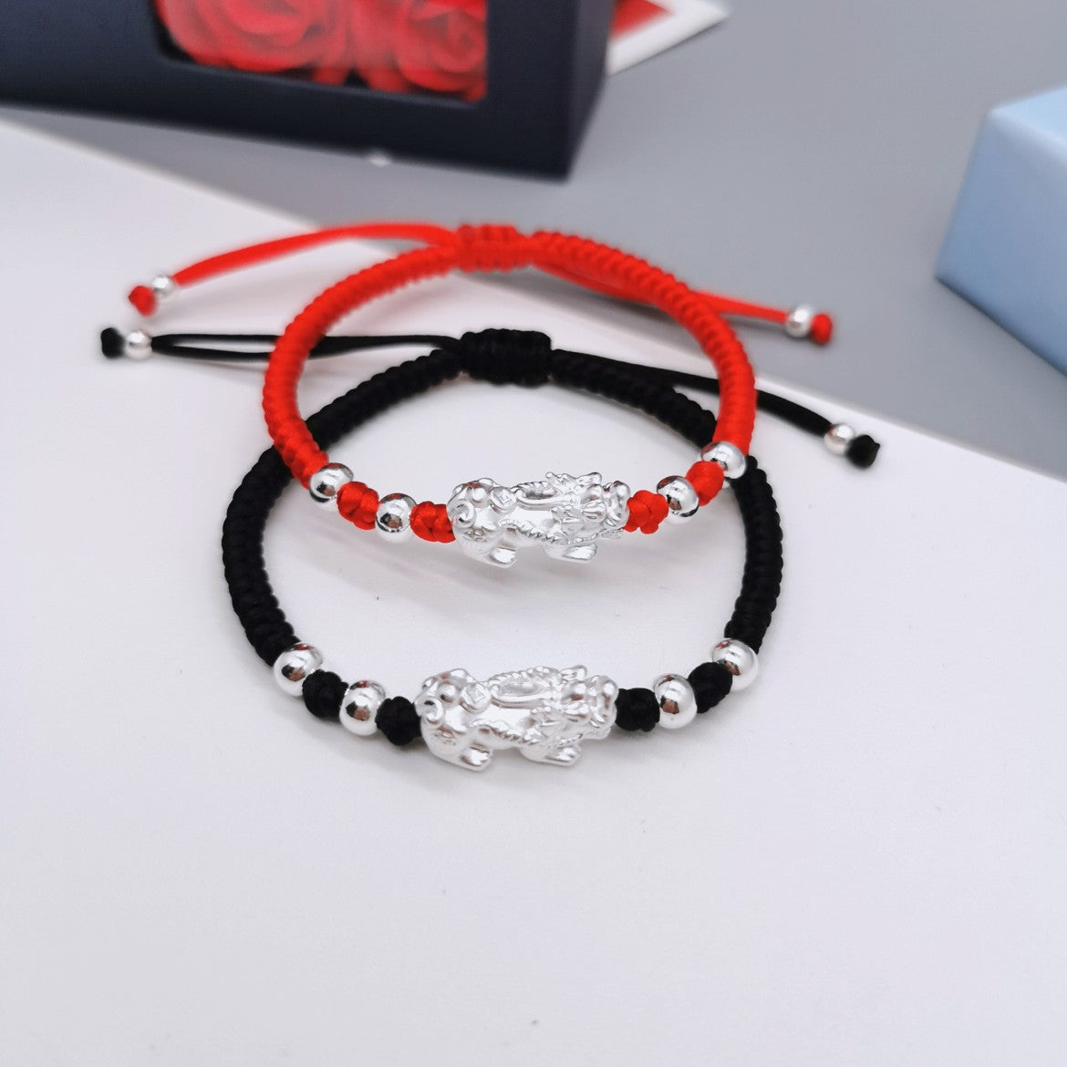 Feng Shui Pixiu Bracelet Black/Red String Buddhist Bracelet, 999 Sterling Silver Bracelet, Good Luck Amulet Handmade Adjustable Bracelet