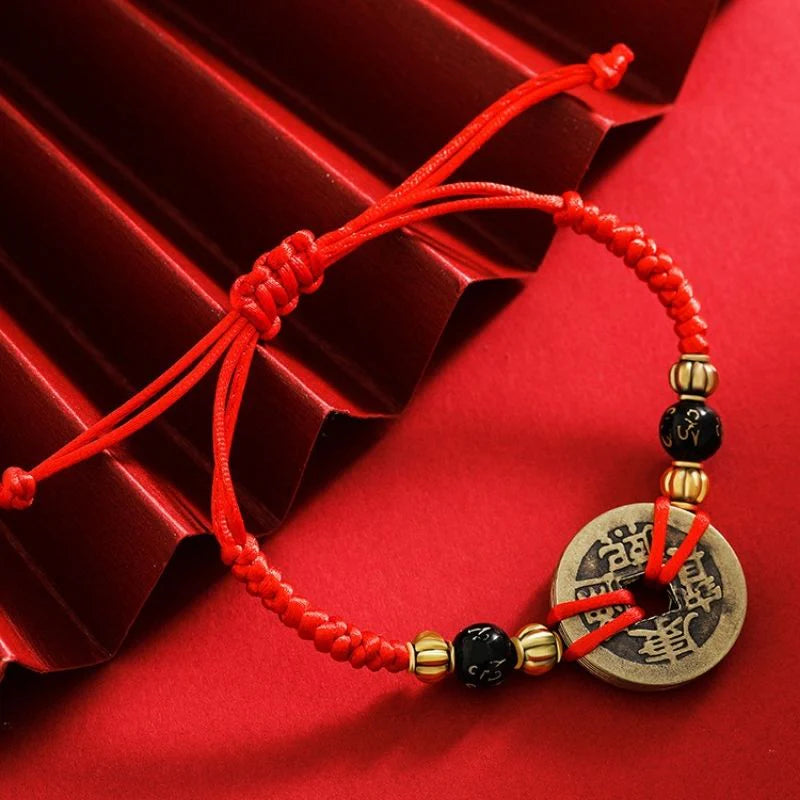 Chinese Lucky Coins Bracelet, Feng Shui Red String Bracelet with Ancient Coin, Five Emperor Coins, Wealth & Good Luck Amulet