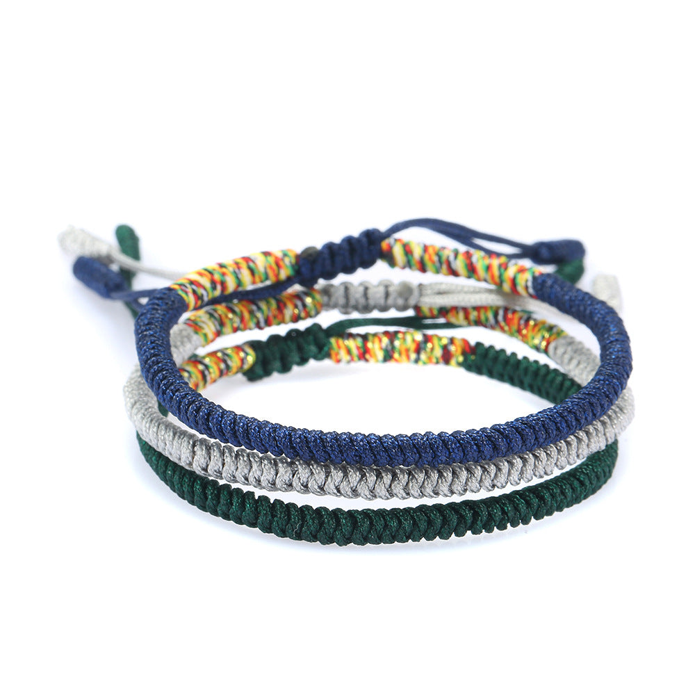 Tibetan Buddhist Handmade Lucky Knot Rope Bracelet (Navy Blue, Silver, Dark Green) One Size