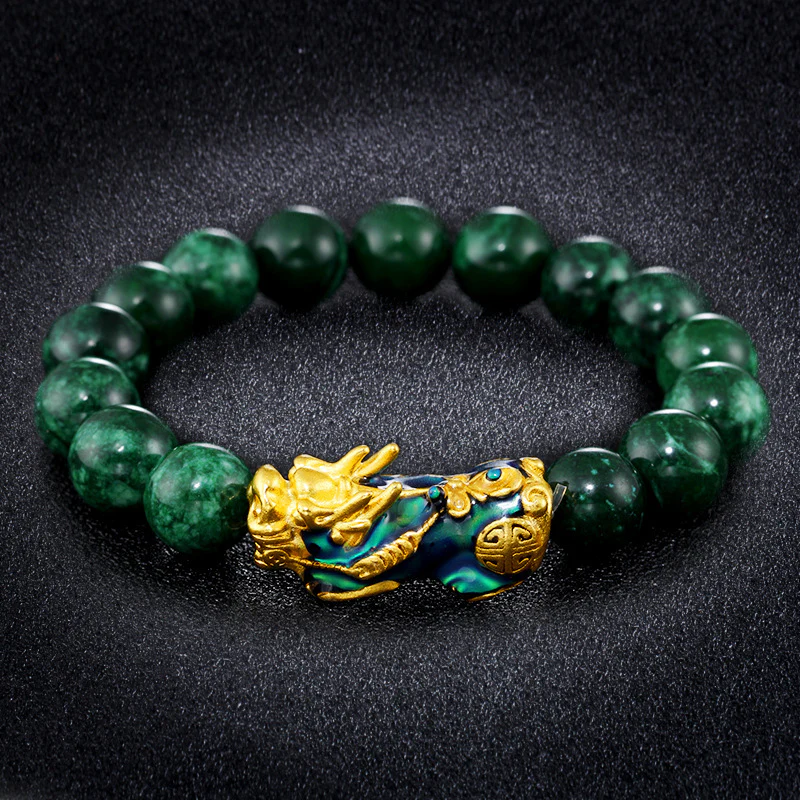 Feng Shui Pixiu Jade Bracelet, Green Stone Beads Bracelet, Hikyu Wristband Wealth Pixiu Women Men Bracelets