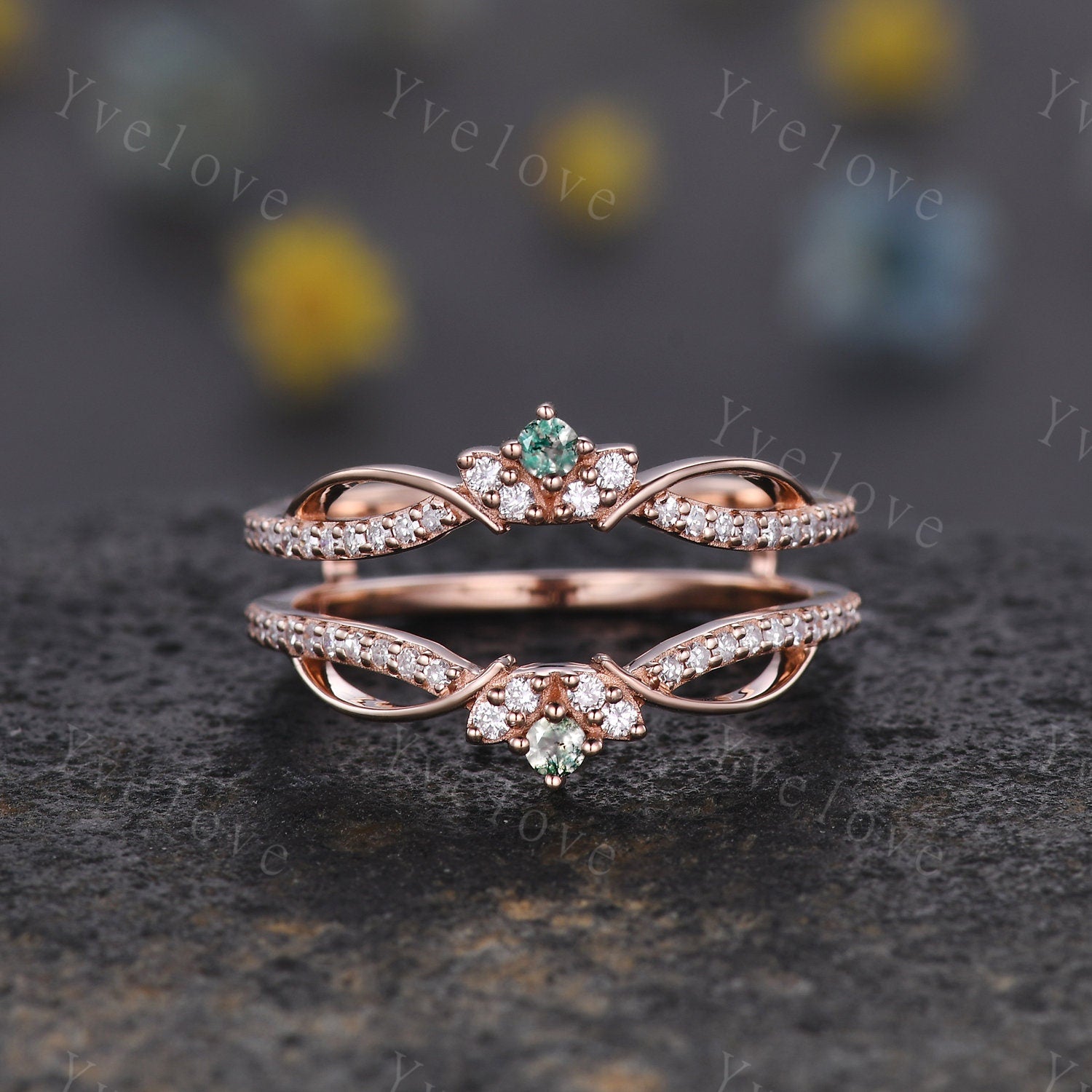 Dainty Moss Agate Moissanite wedding band V Curved Diamond wedding band Enhancer Band Stacking Matching Band Bridal Promise Anniversary Gift