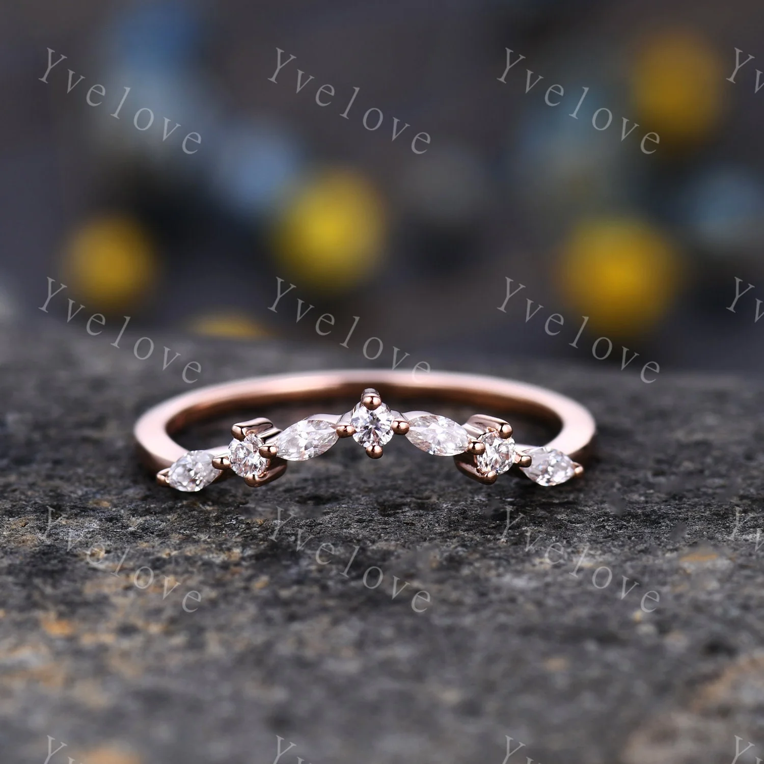 Danity Curved shape stacking band real diamond wedding band 14k rose gold art deco marquise matching band forever classical stone customized