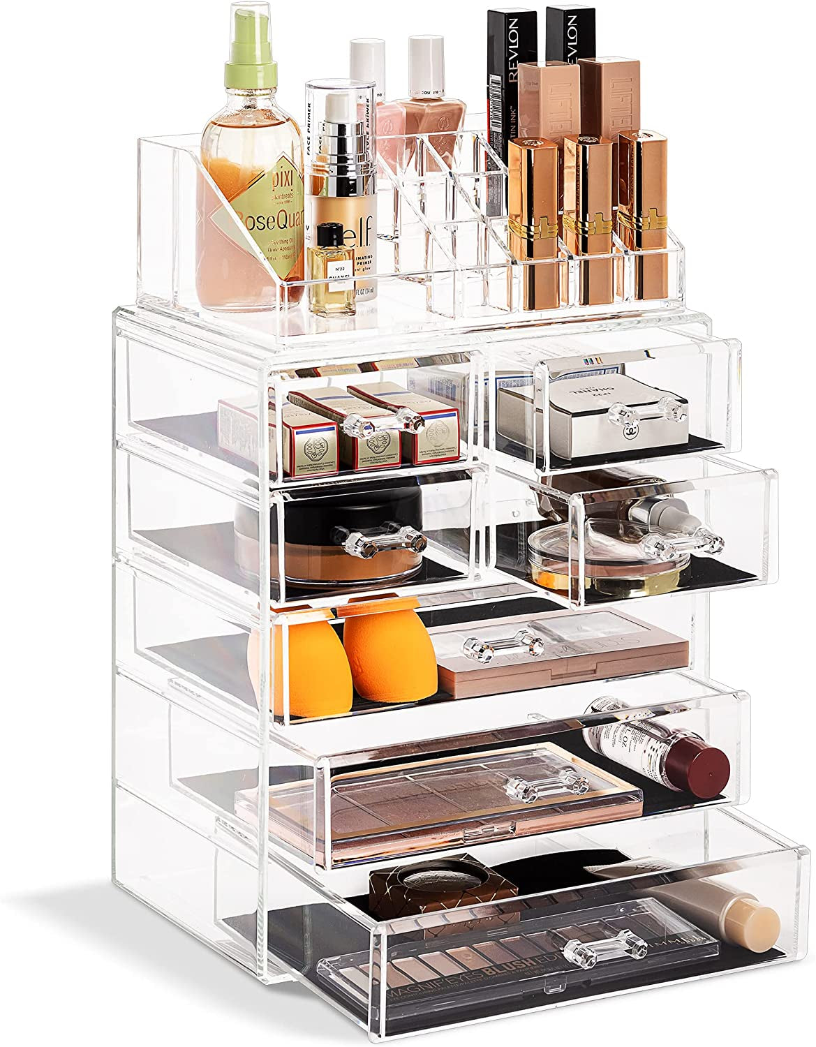 Clear Cosmetic Makeup Organizer - Make up & Jewelry Storage, Case & Display - Spacious Design - Great Holder for Dresser, Bathroom, Vanity & Countertop (3 Large, 4 Small Drawers)