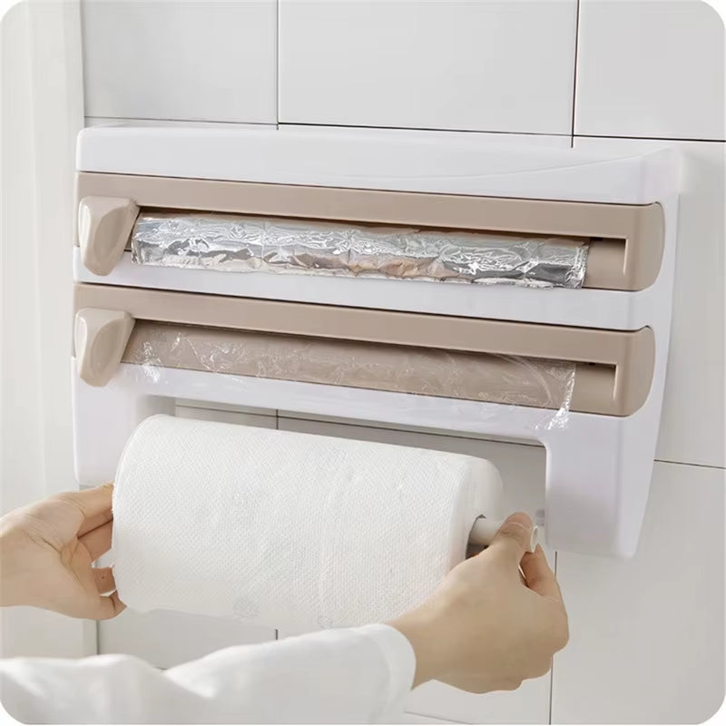 Kitchen Multi-Function Wrap Film Cutter Triple Roll Paper Dispenser