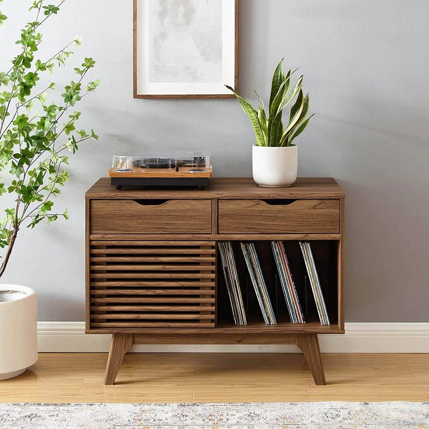 Mid-Century Wooden 36.5'' Vinyl Record Cabinet with Drawers