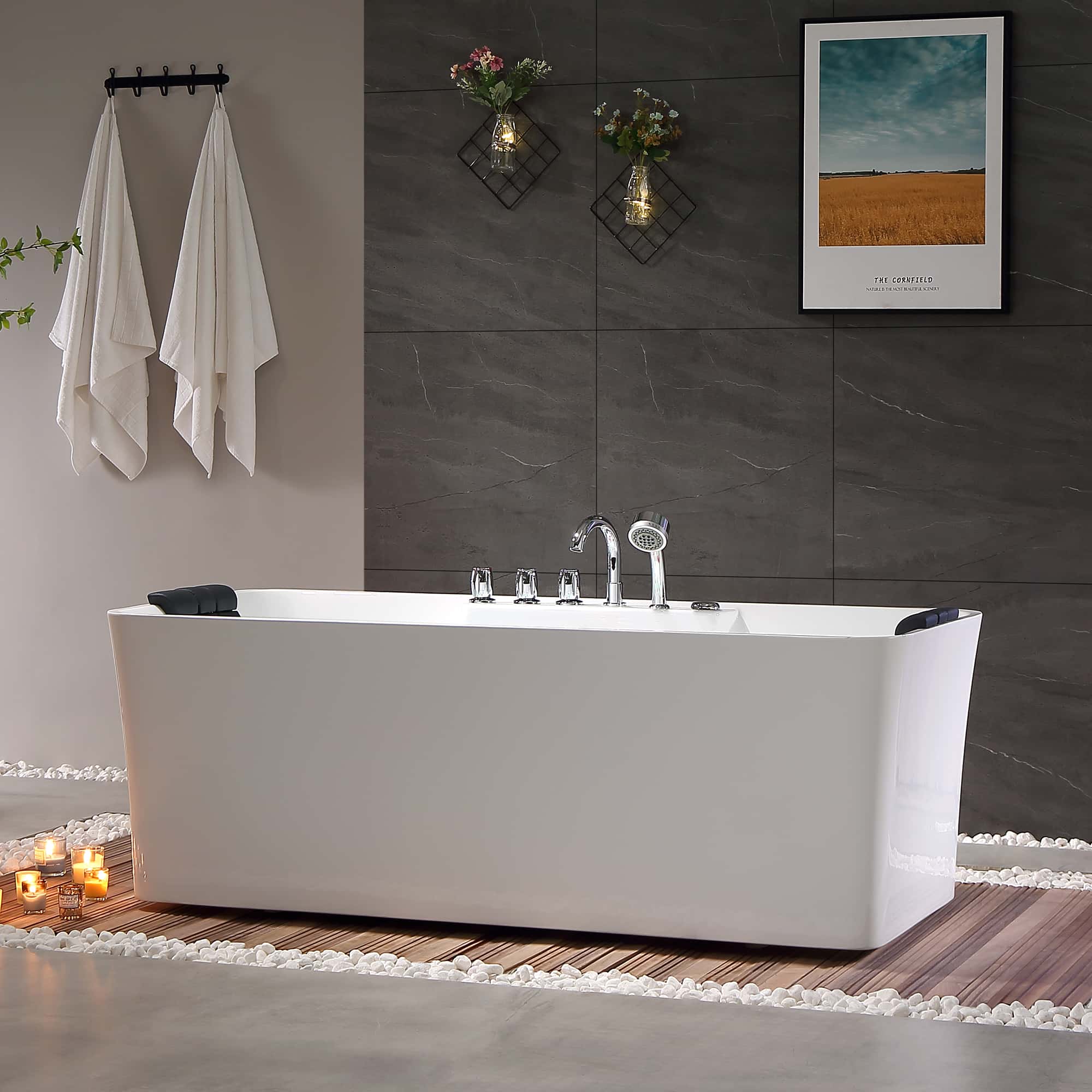 59" Freestanding Whirlpool Rectangle Tub with Center Drain