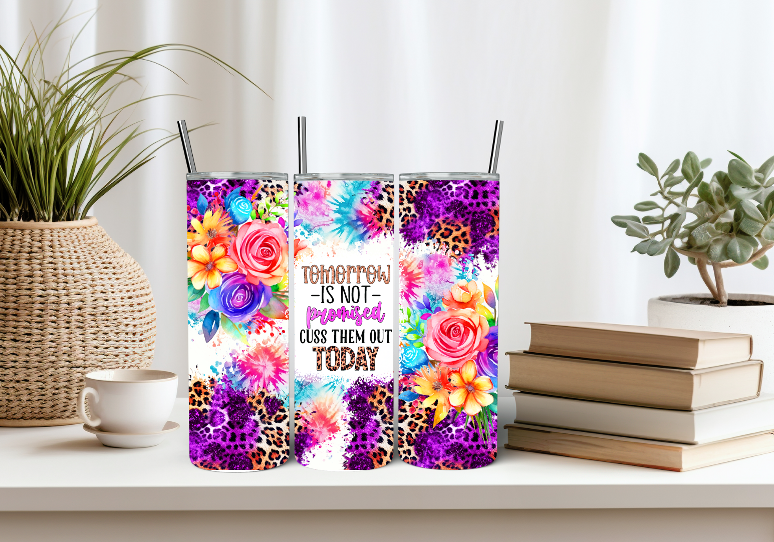 Cuss Them Out Today 20oz Tumbler, Cheetah, Flower