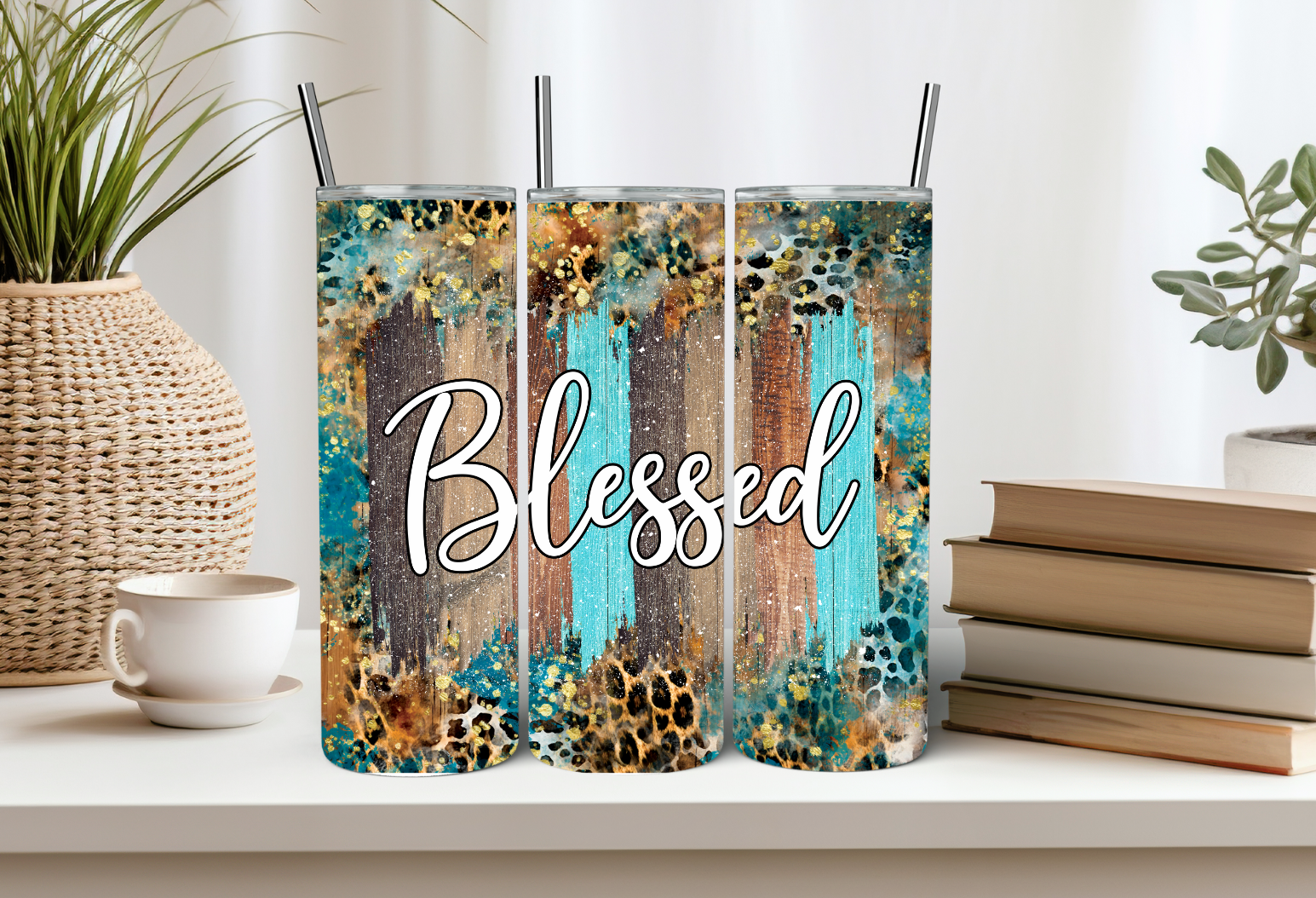 Blessed, 20oz Tumbler, Cheetah Teal