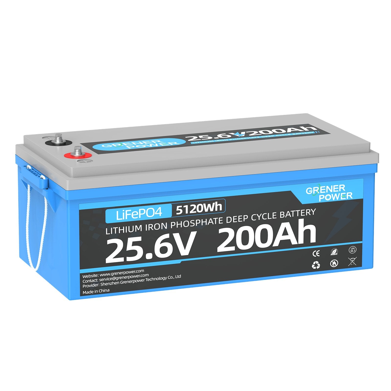 GrenerPower 24V(25.6V) 200Ah LiFePO4 Lithium Battery, 100A BMS, 5120Wh