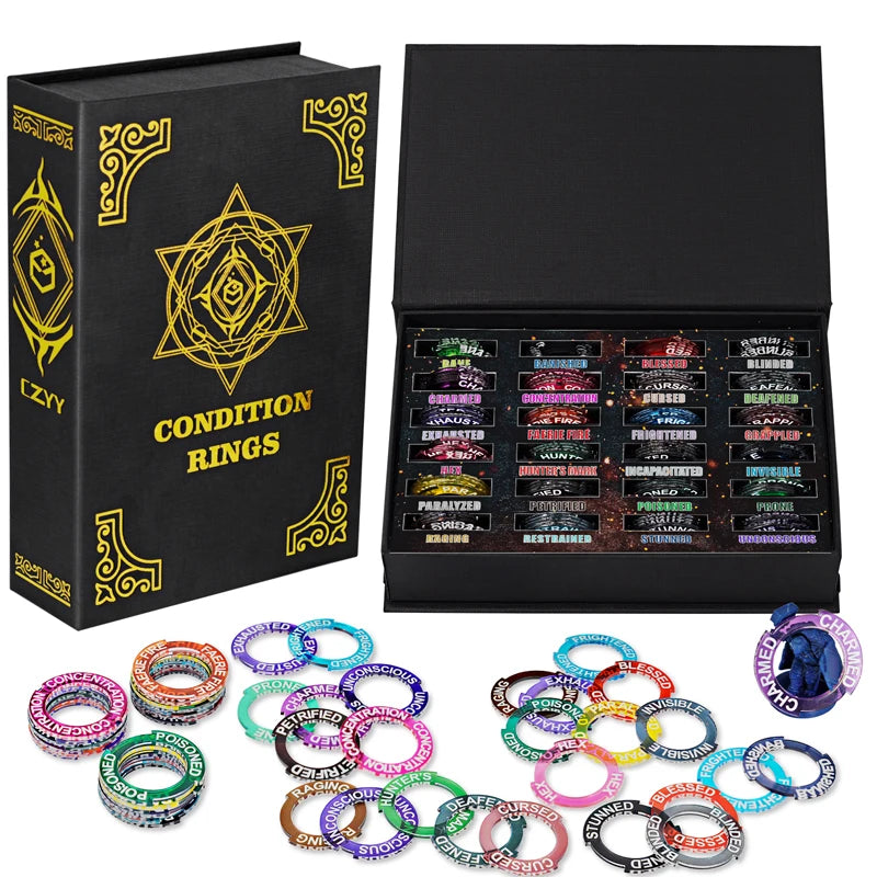 Upgraded Condition Rings 96 PCS Status Effect Markers in 24 Conditions & Spells Magic Book Storage Box Great DM Tool for Dungeon