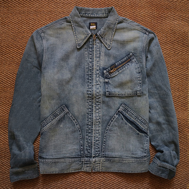 RRL American retro casual washed distressed denim corduroy lapel patchwork Harrington jacket for men