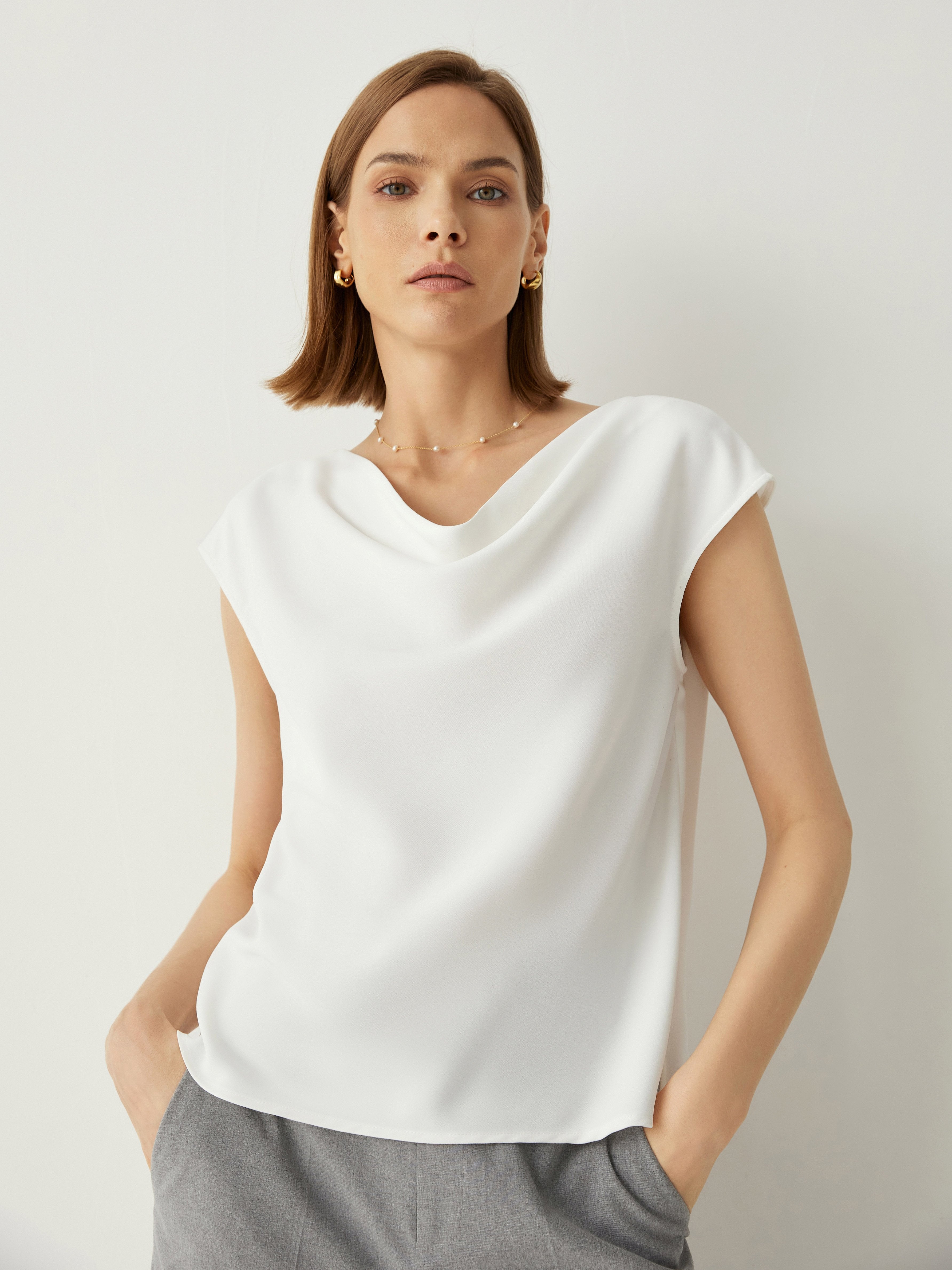 Cowl Neck Cap Sleeves Relaxed Fit Blouse