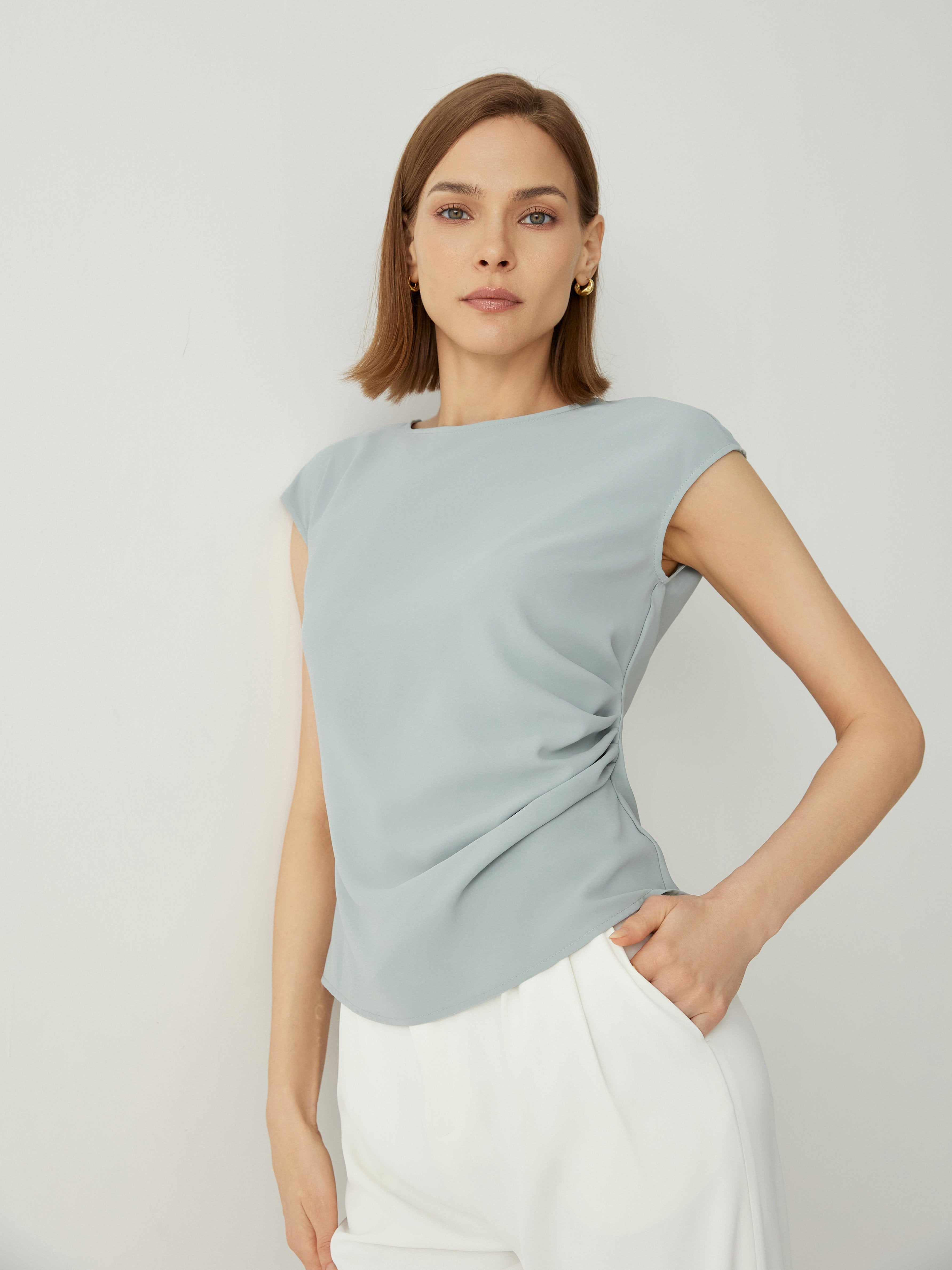 Side Pleated Cap Sleeves Regular Fit Blouse