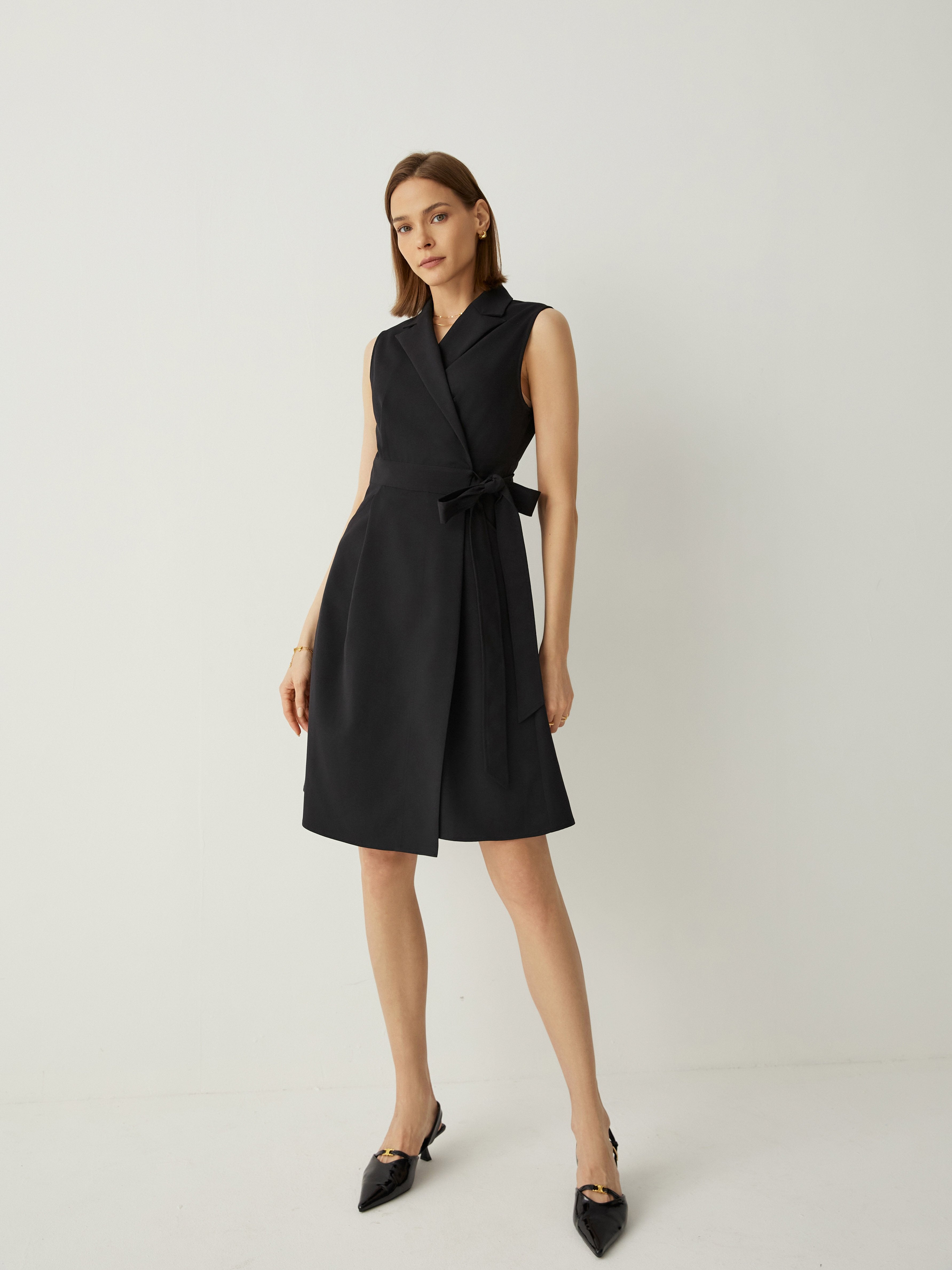 Notched Collar Sleeveless A-Line Wrap Dress