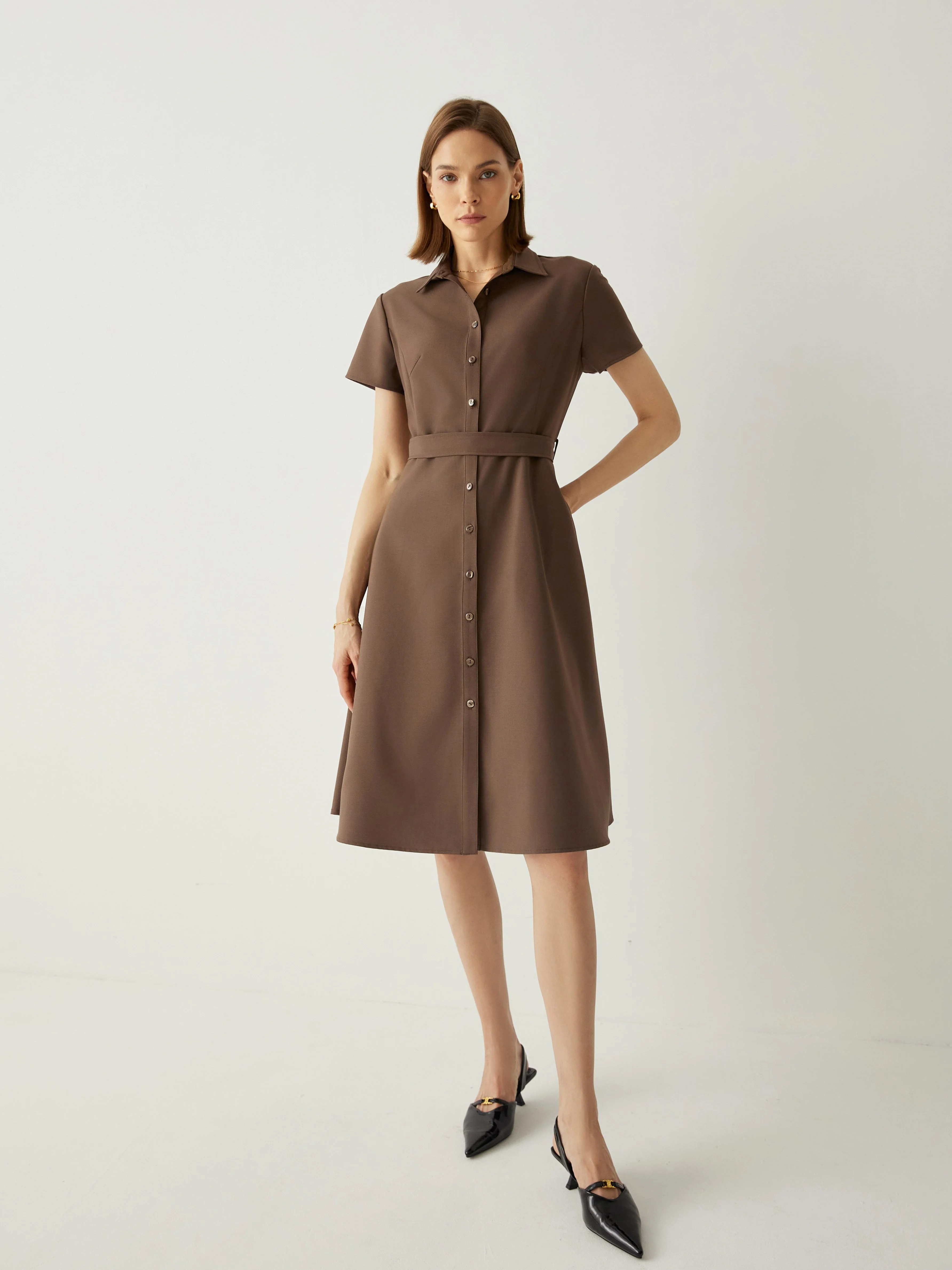 Short Sleeves Shirt Dress With Detachable Belt