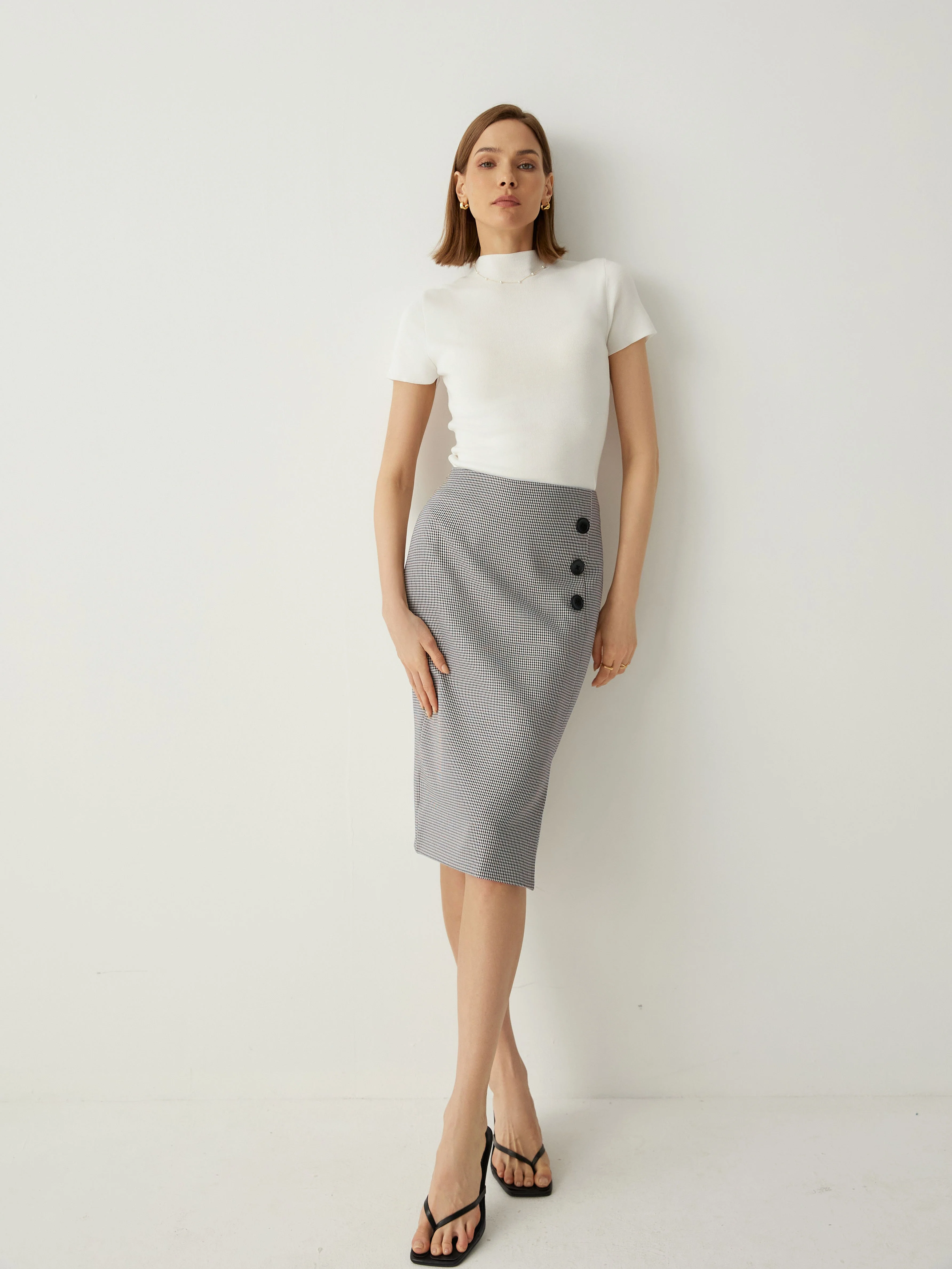 Houndstooth High Rise Pencil Skirt With Side Slit