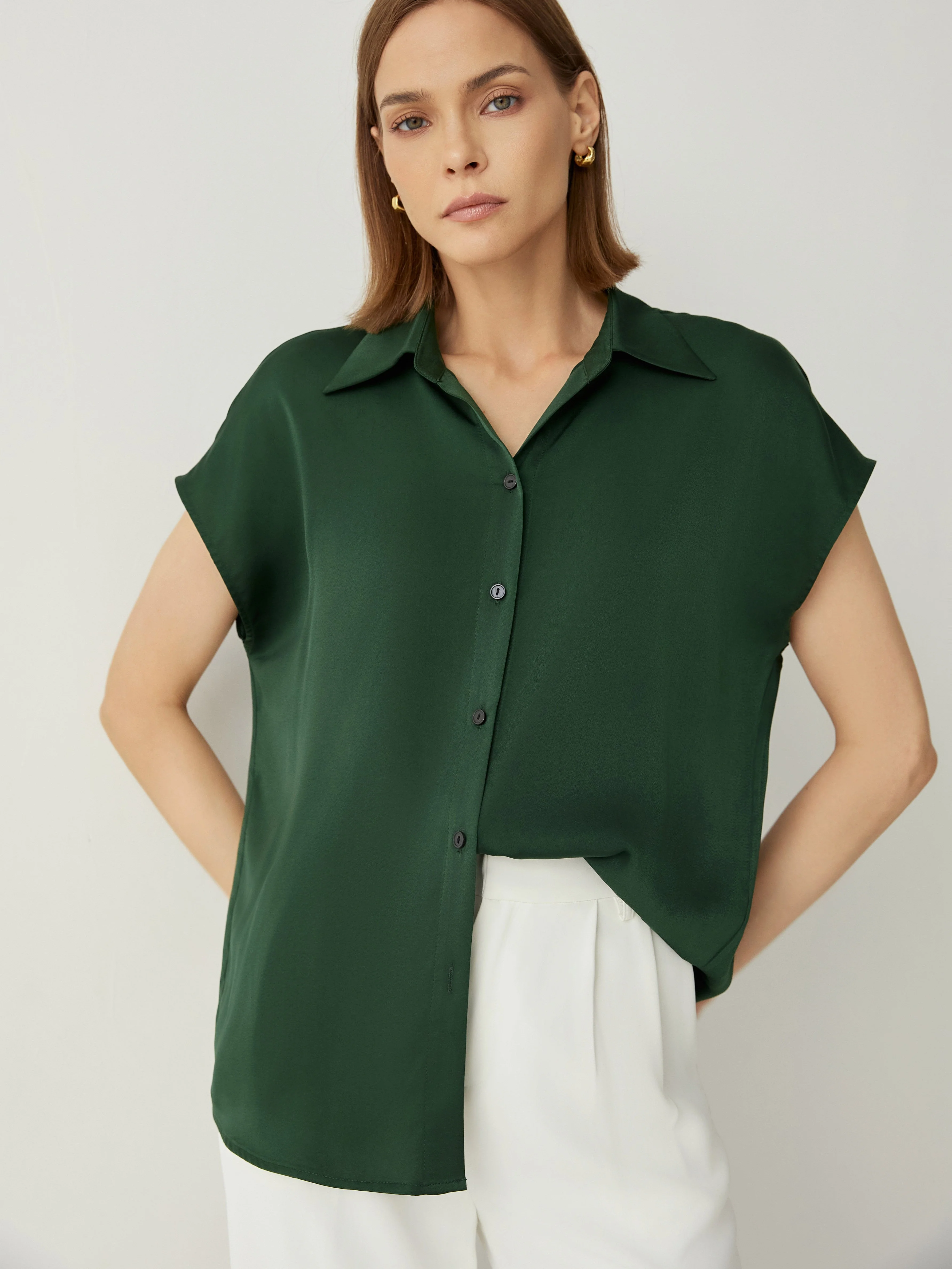 Spread Collar Cap Sleeves Oversized Fit Blouse