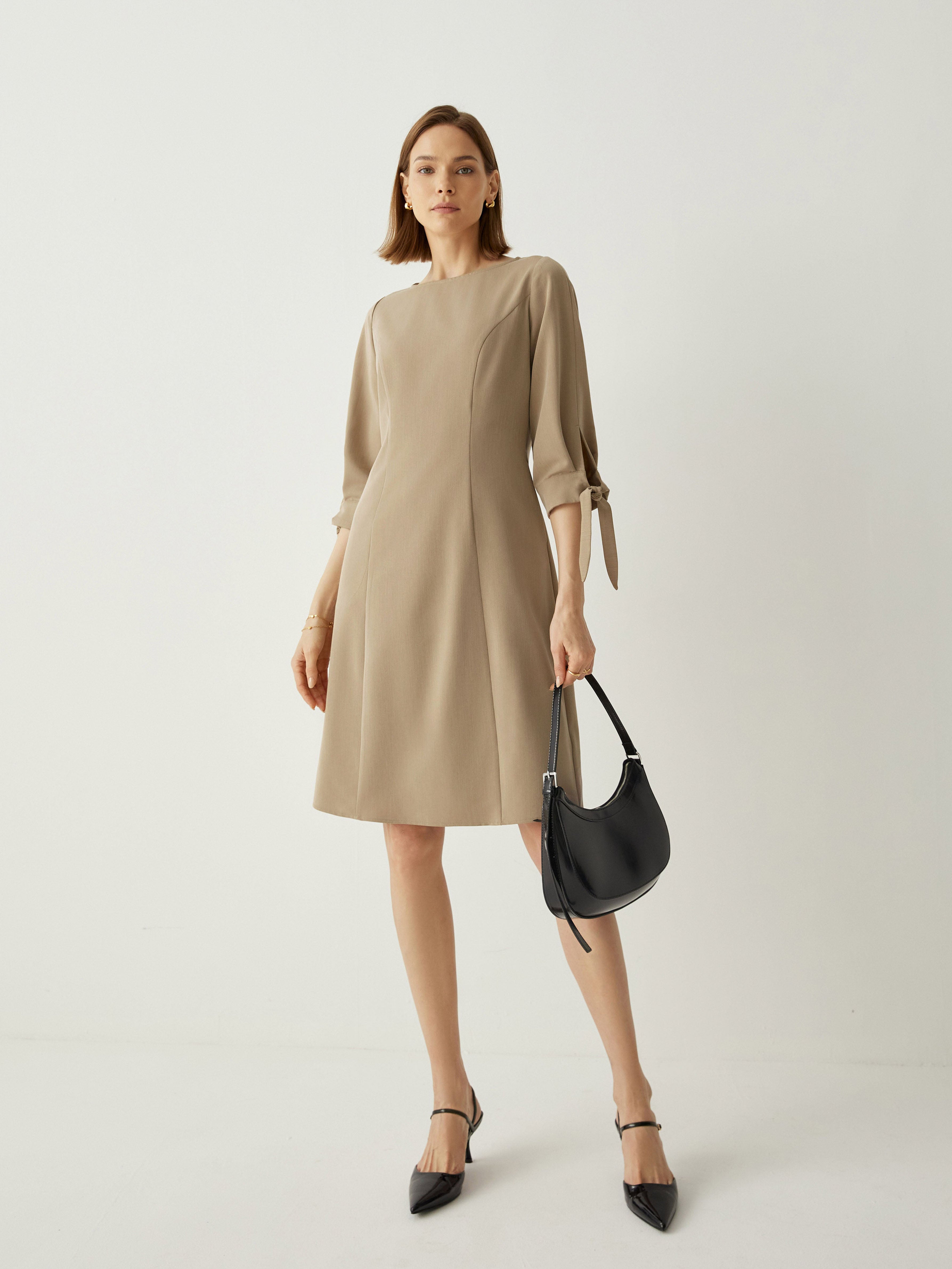 Recycled-Fiber-Blend Tie-Cuff 3/4 Sleeves Classic Shift Dress