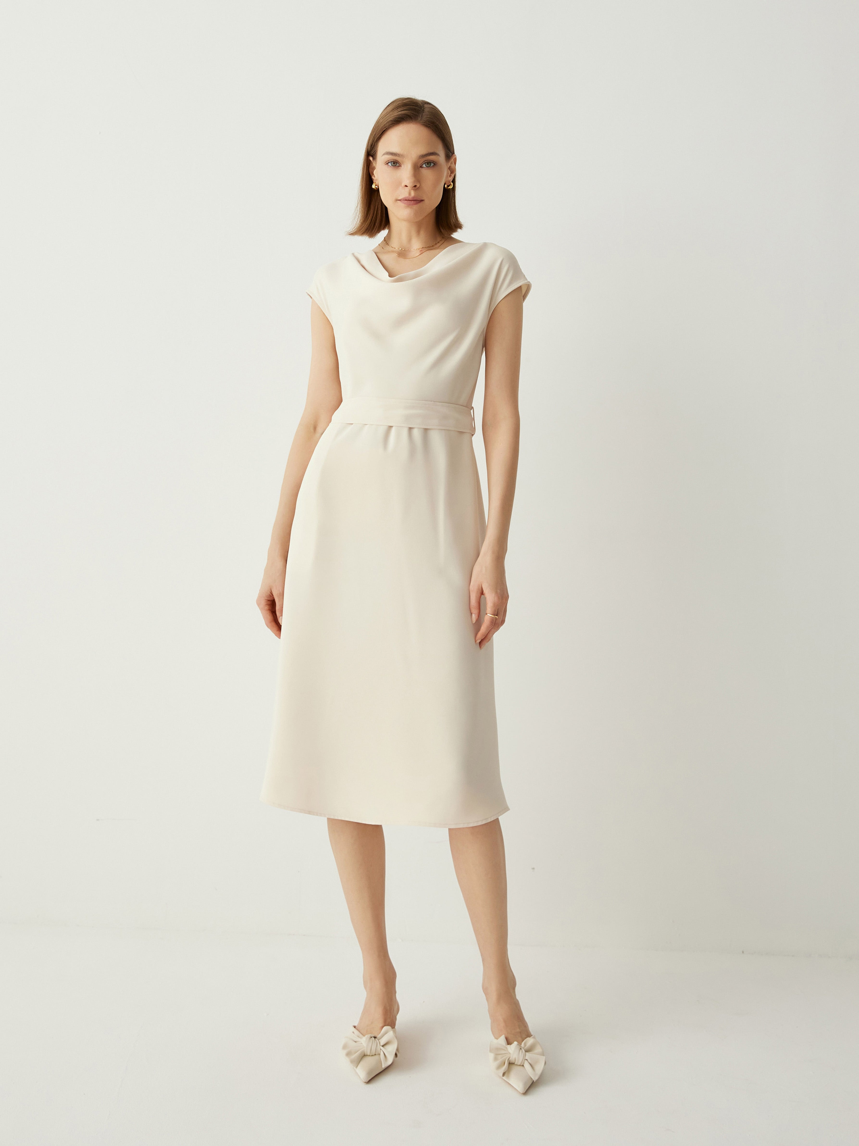 Cowl Neck Cap Sleeves Midi Dress With Detachable Belt