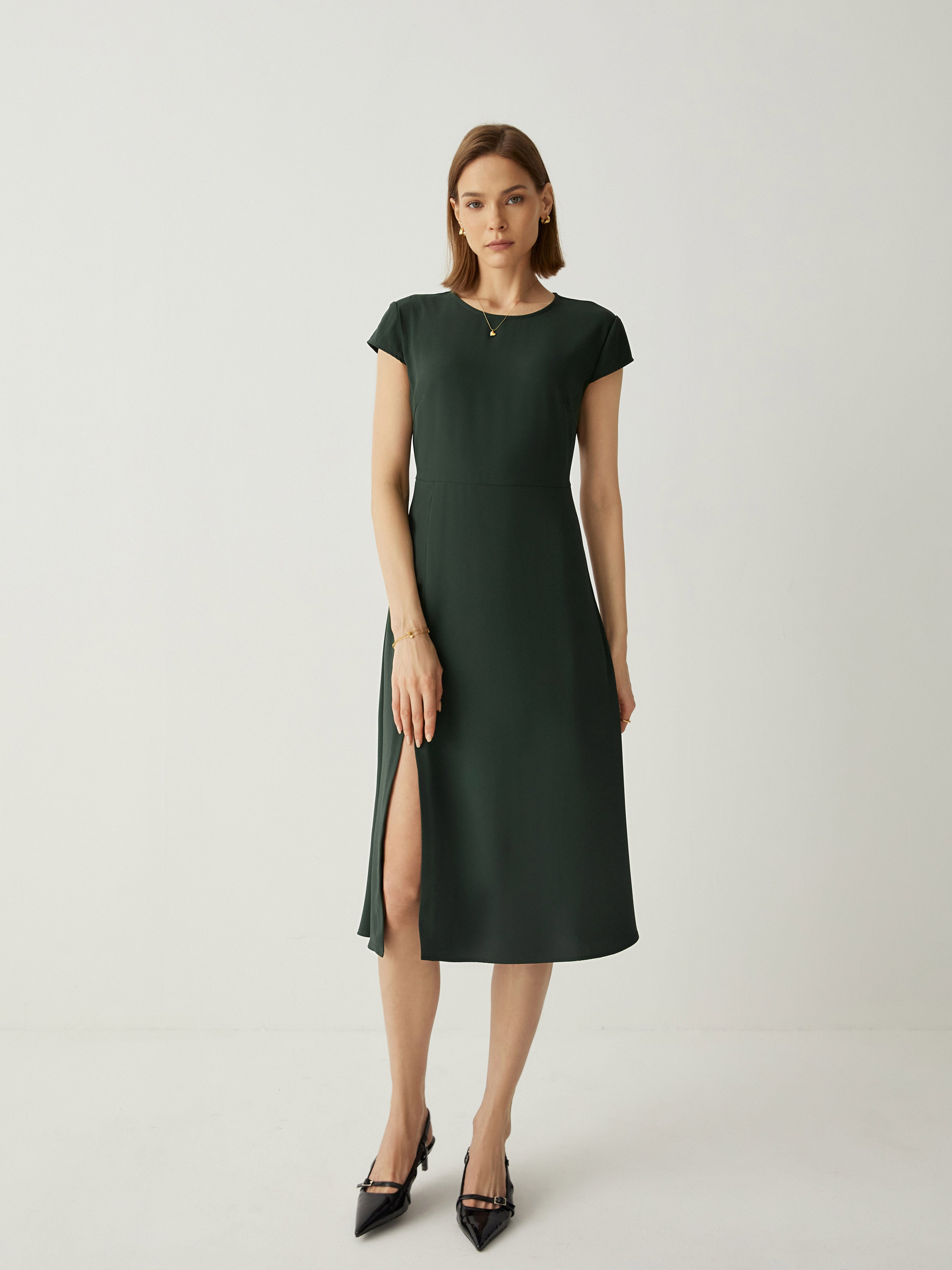 Side Slit Cap Sleeves A-Line Midi Dress