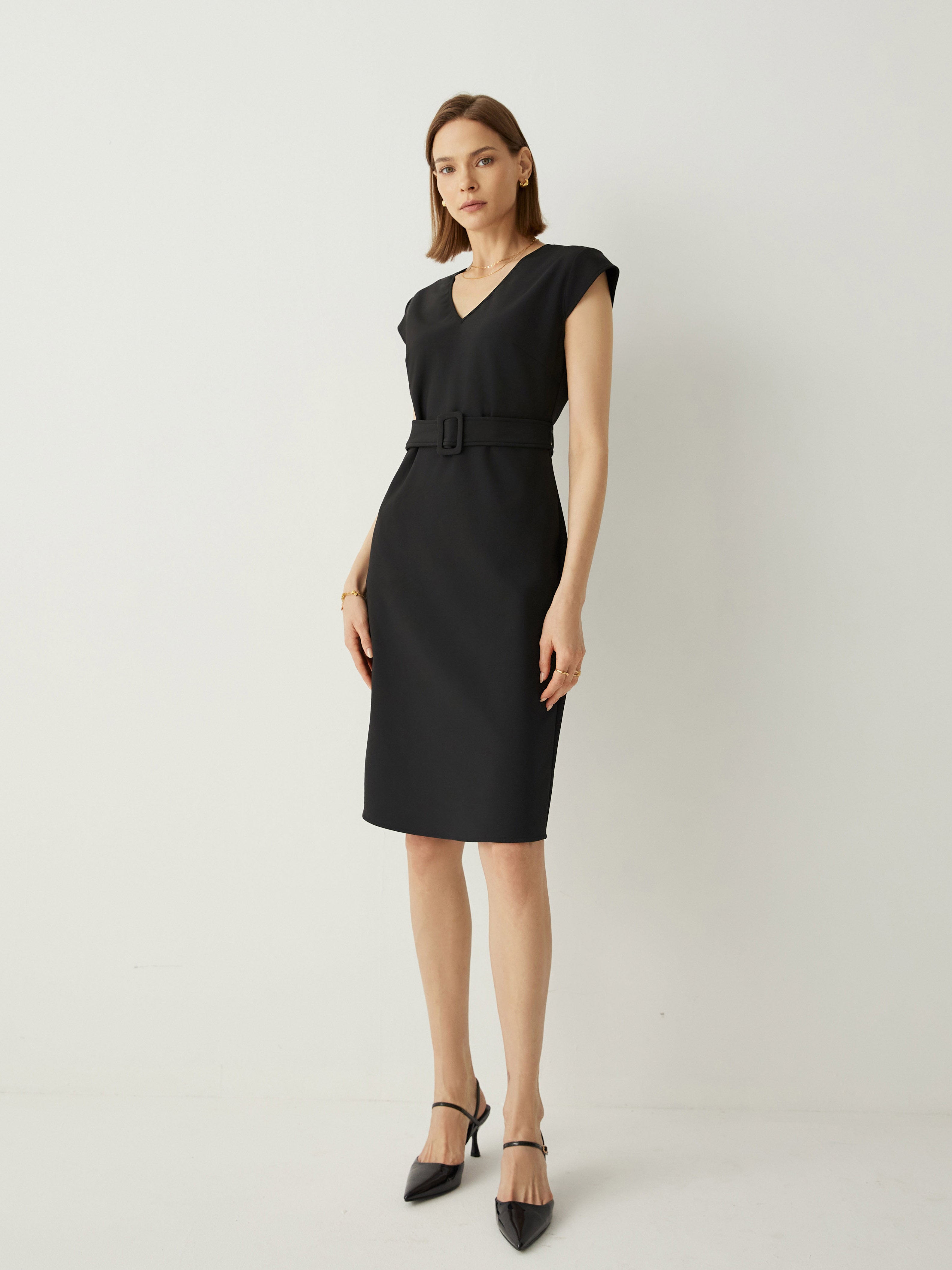 Cap Sleeves Tailored Fit Midi Dress With Detachable Belt