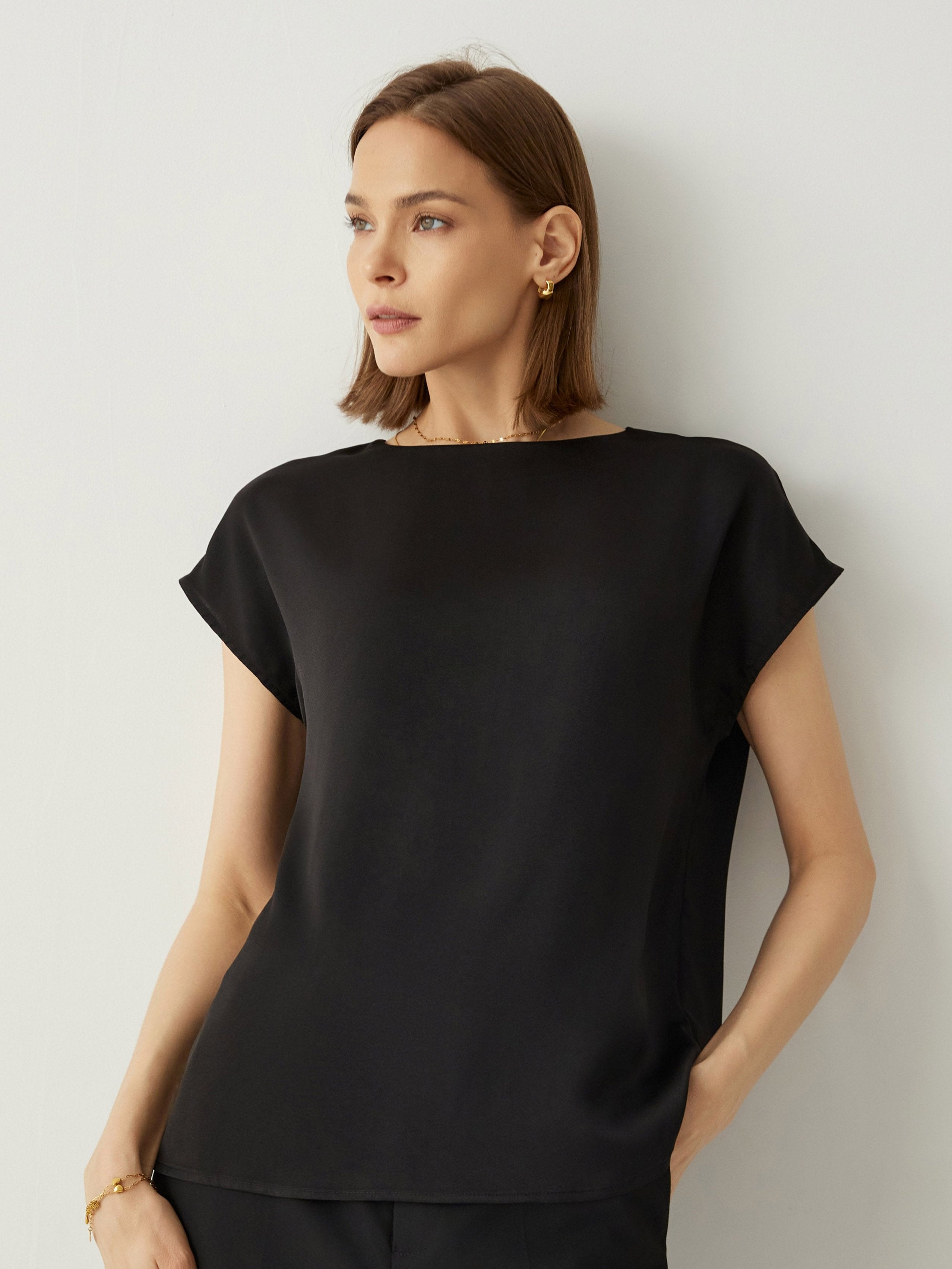 Crew Neck Cap Sleeves Relaxed Fit Top