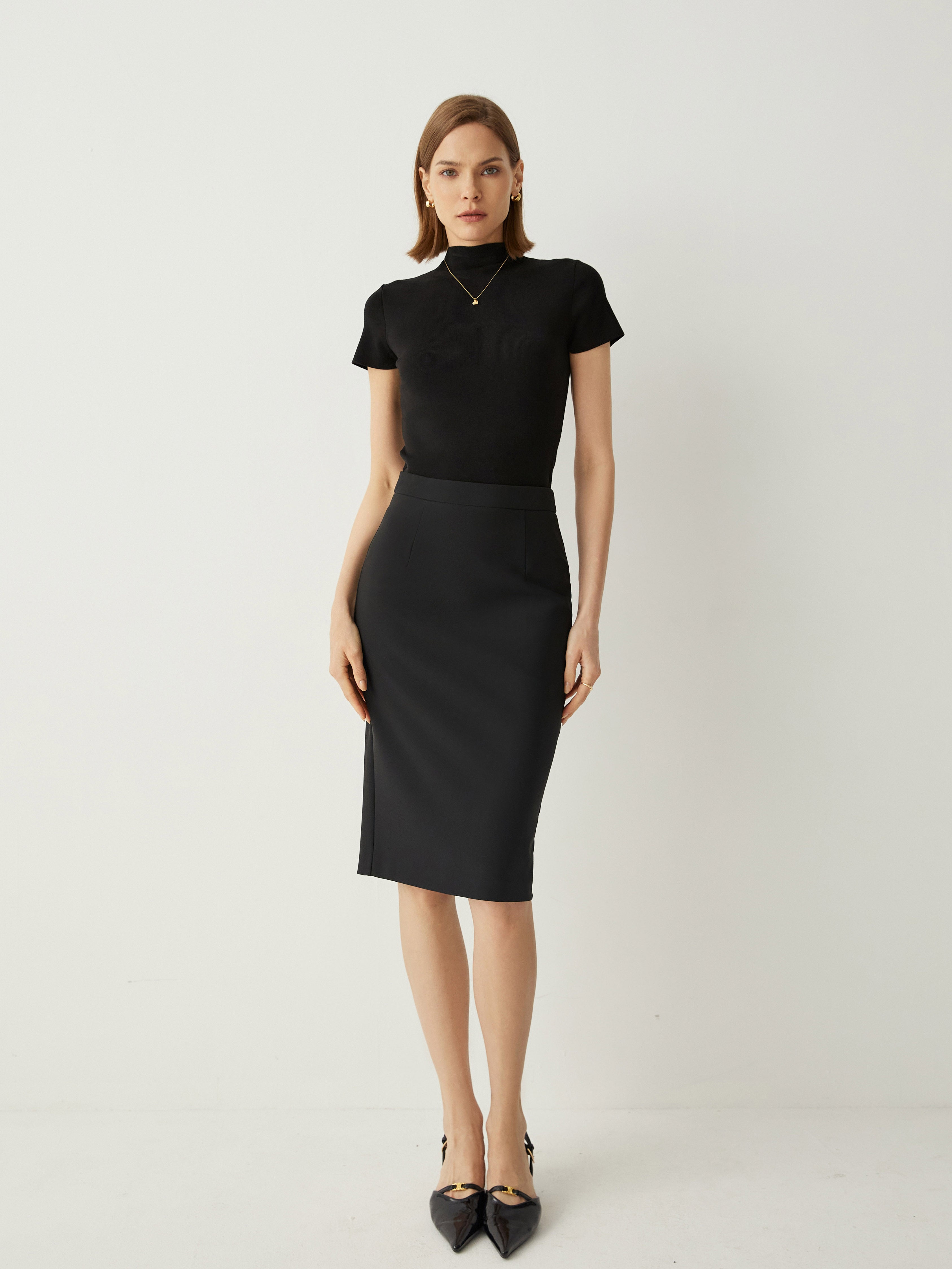 High Rise Tailored Fit Pencil Skirt With Back Slit