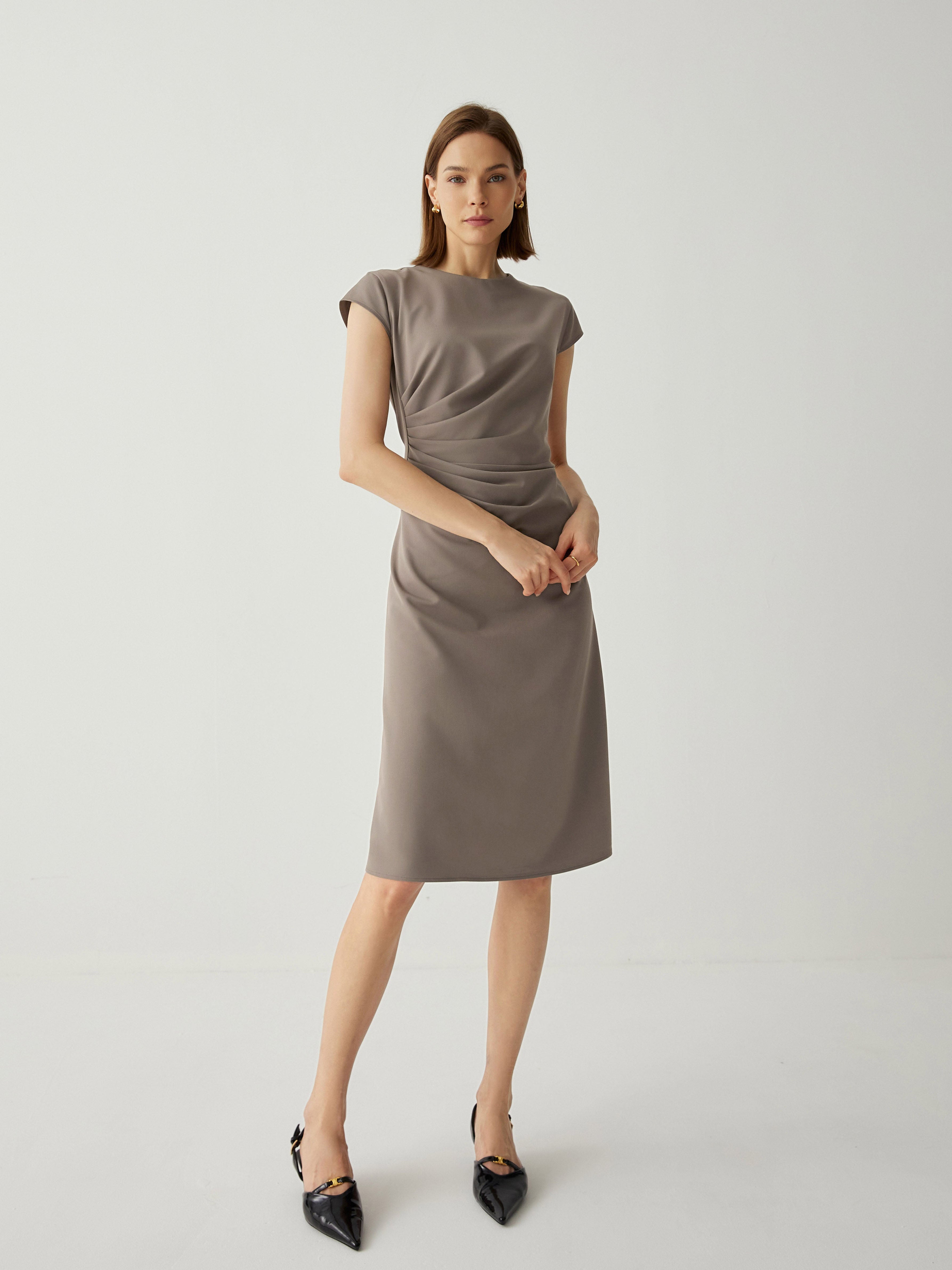 Wool-blend Trendy Pleated Cap Sleeves Midi Dress