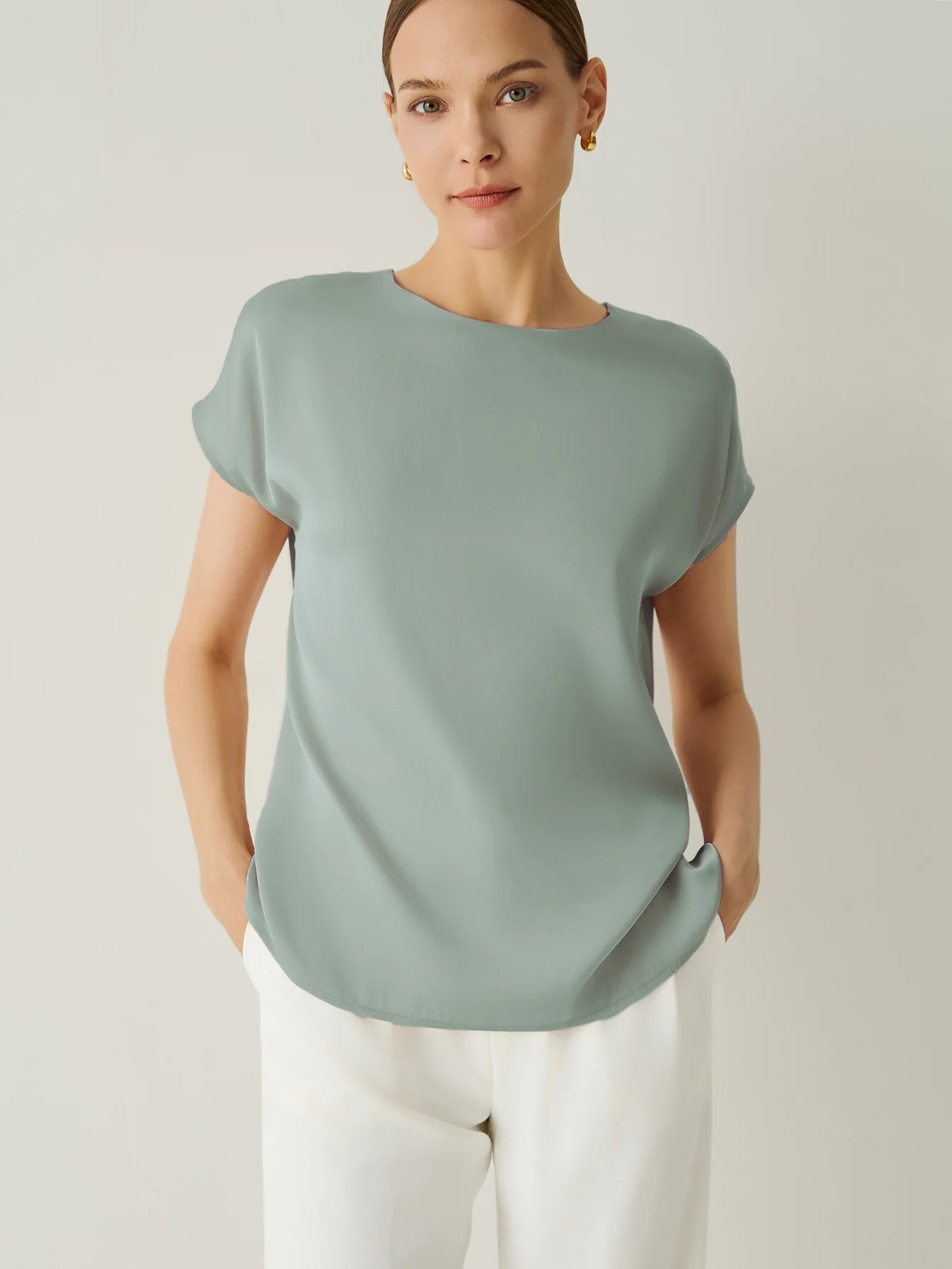 Silk Crew Neck Cap Sleeves Top