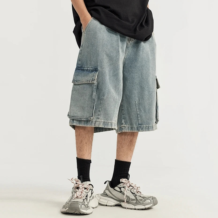 Loose Worn-Out Cargo Denim Shorts