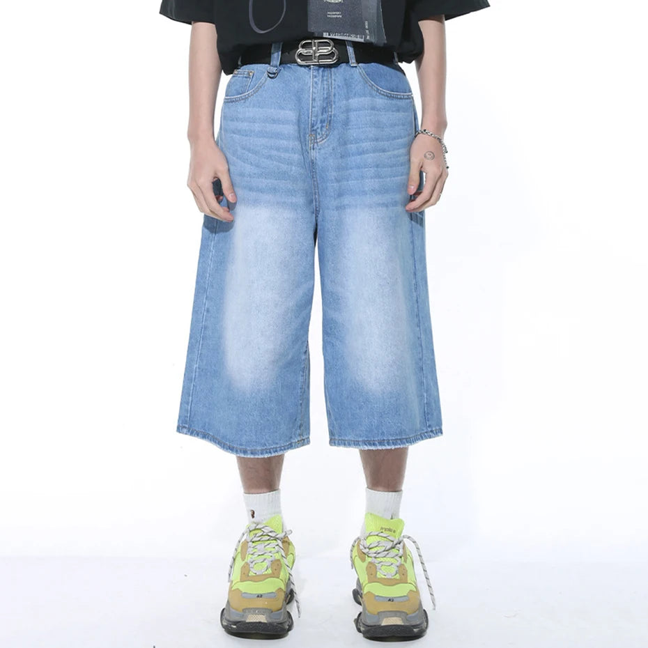 Long Classic Blue Capri Denim Shorts