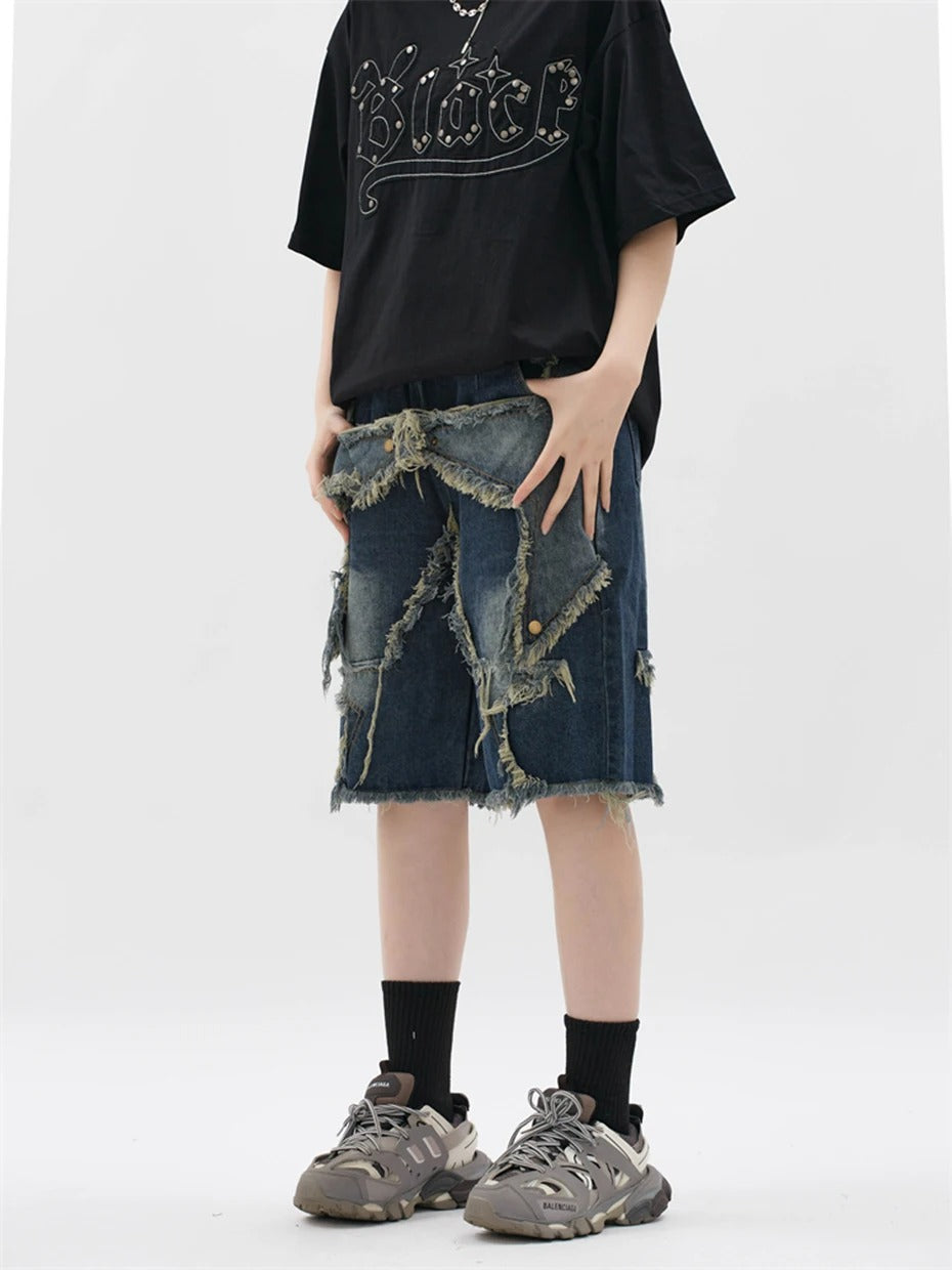 Patchwork Starburst Loose Denim Shorts