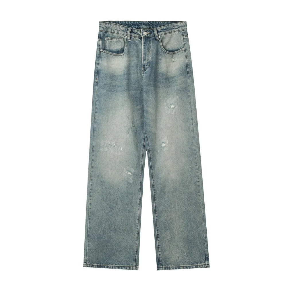 Washed Distressed Retro Straight-leg Jeans